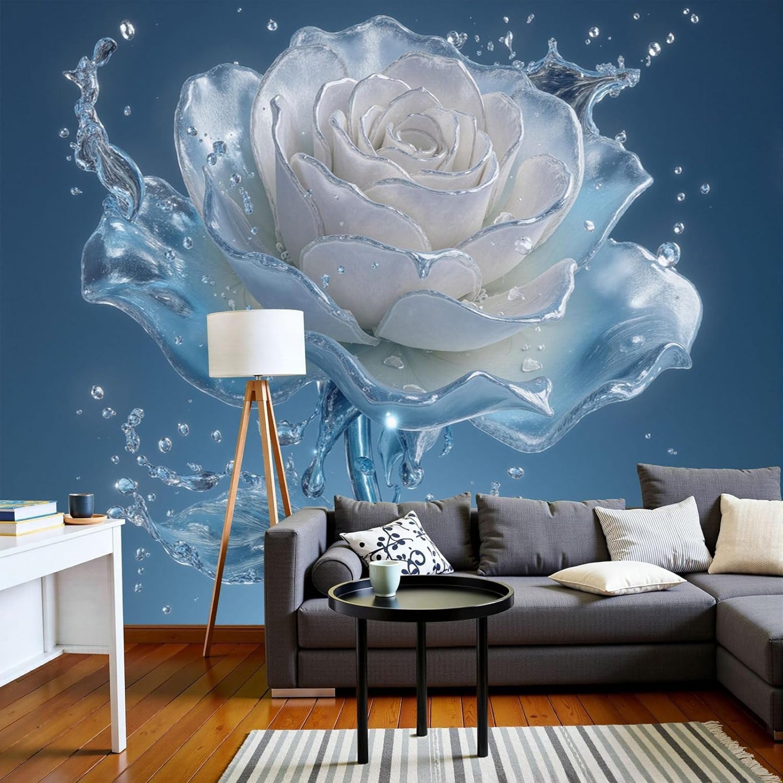 hgjdjhnf Realistic Floral Photo Wallpaper - XL, Refreshing Ice Rose Landscape 3D Effect, Blue, for Living Room/Bedroom, Non-Woven Wallpaper, 350cm x 256cm, Stickers - Frameless Painting - Poster