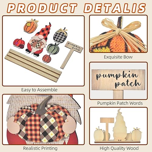 Miniatura 4 de Decoración de Acción de Gracias para el hogar, gnomos de decoración de otoño, letreros de calabazas de madera, juego de decoración de bandeja