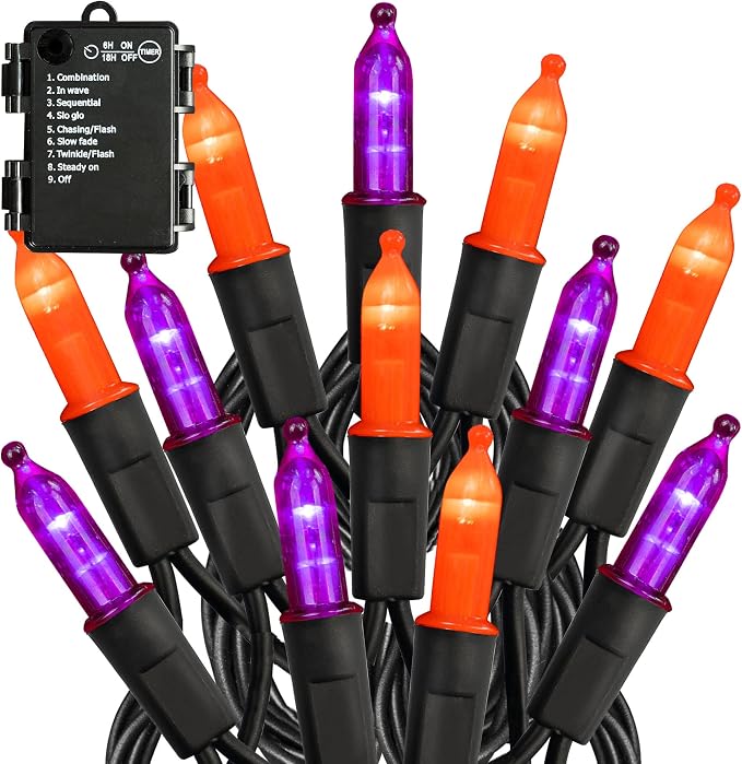 TW SHINE Battery Operated Halloween Lights Outdoor, 50 LED 16FT Orange and Purple String Lights, Waterproof Mini String Lights with 8 Modes, Halloween Decorations for Indoor Patio Party Decor
