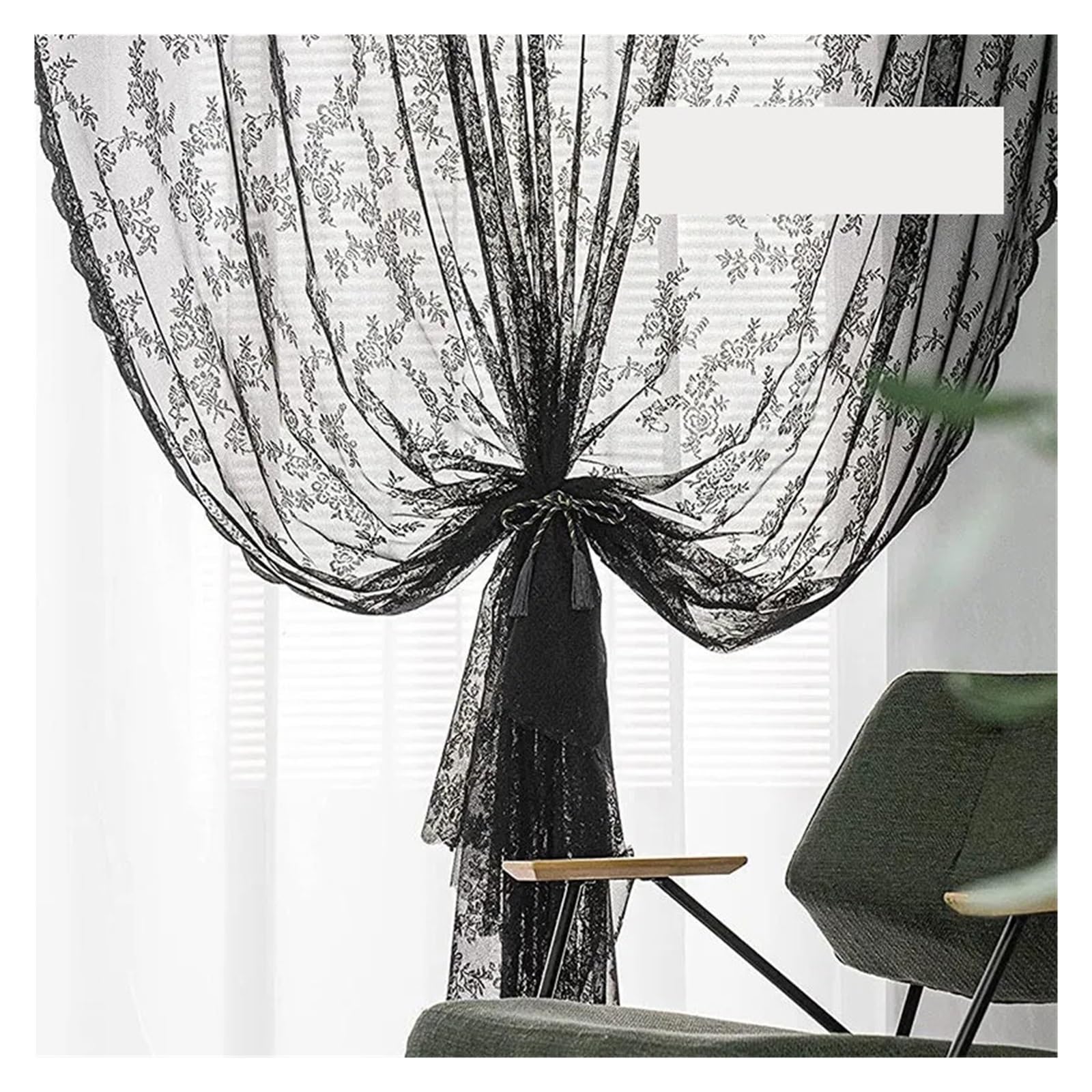 Rideaux en dentelle noir rideau fil polyester 150x260cm pour décoration de cuisine