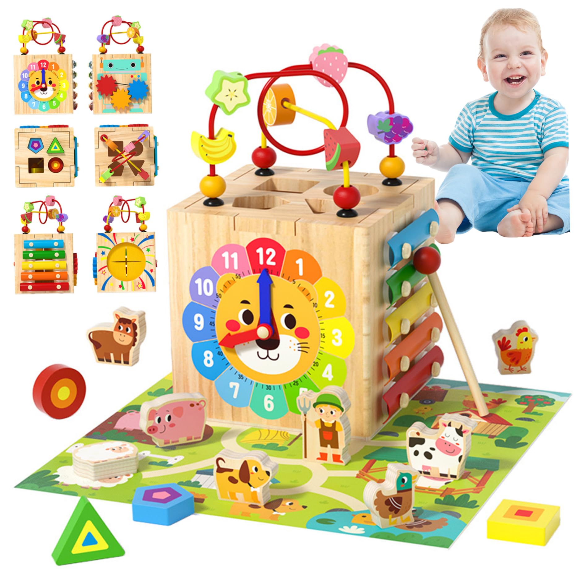 Juguetes de cubo de actividades de madera, 1 juego 6 en 1, cubo de actividades multifuncional para bebés, juguetes sensoriales educativos y de aprendizaje para niños para vacaciones y cumpleaños