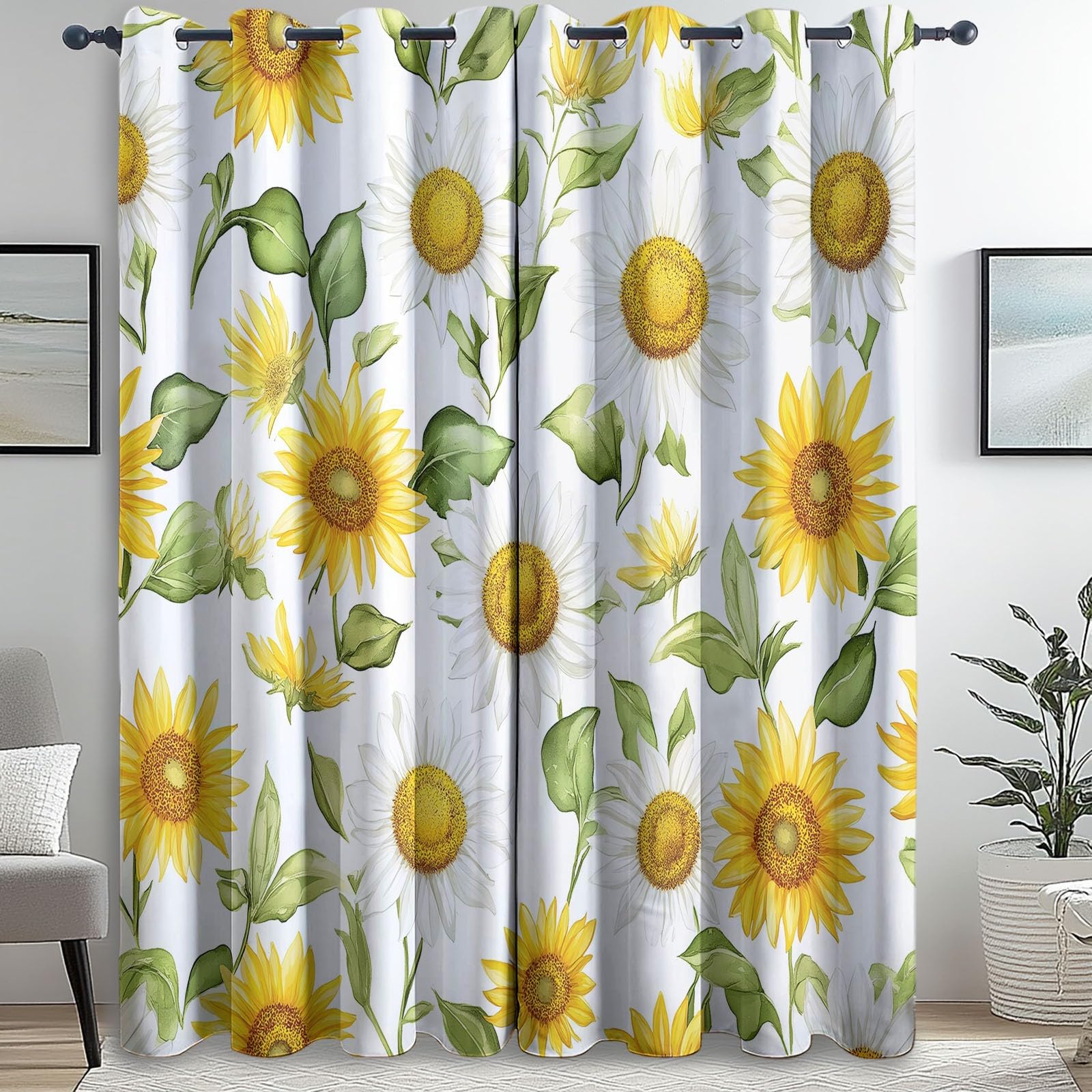 Blackout Curtains Bedroom Watercolor Style Sunflower Pattern, Geo-Thermal Insulated Energy Efficiency Window Treatment Sets Privacy Grommet Drapes for Kids Room 52