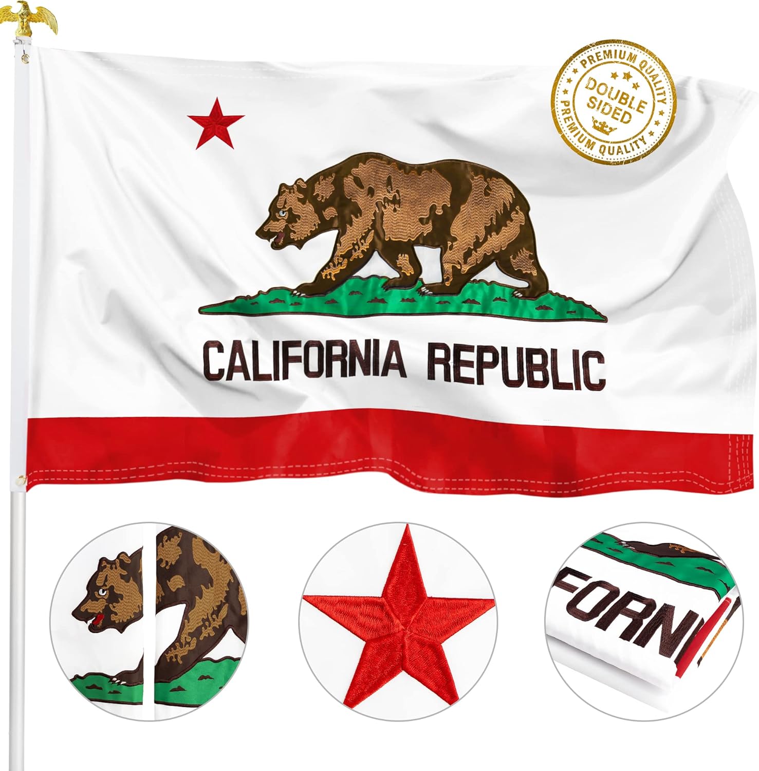XIFAN Premium California State Flag 4x6 - Embroidered Heavy Duty 300D Nylon Strongest Longest Lasting - CA Republic Bear Flag Outdoor - Vibrant Print Waterproof