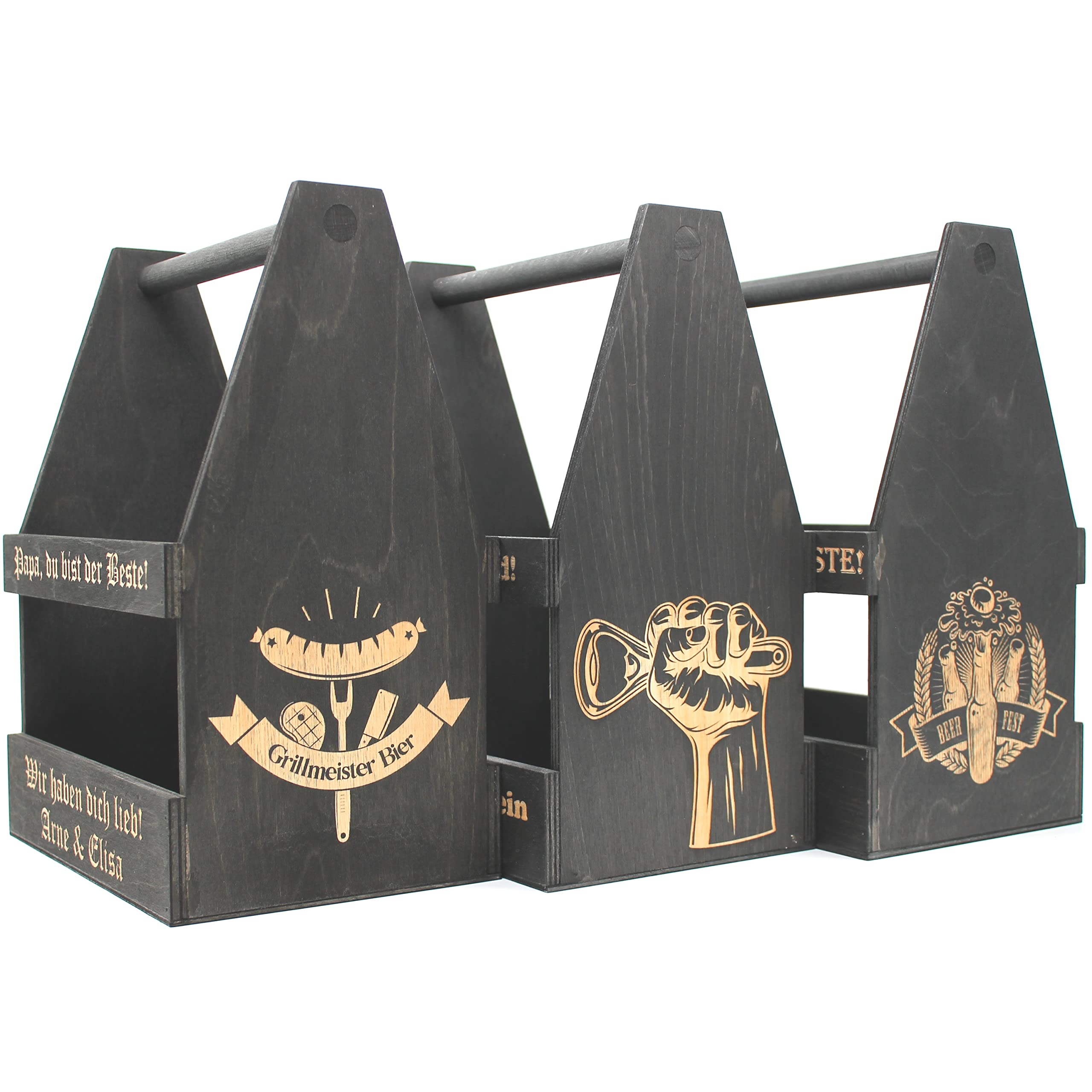 Generisch Bierträger personalisiert Sixpack Flaschenträger in SCHWARZ mit Gravur und Motiv, Männerhandtasche Geschenk für Männer Geschenk zum Vatertag Bierkiste für die Grillfeier