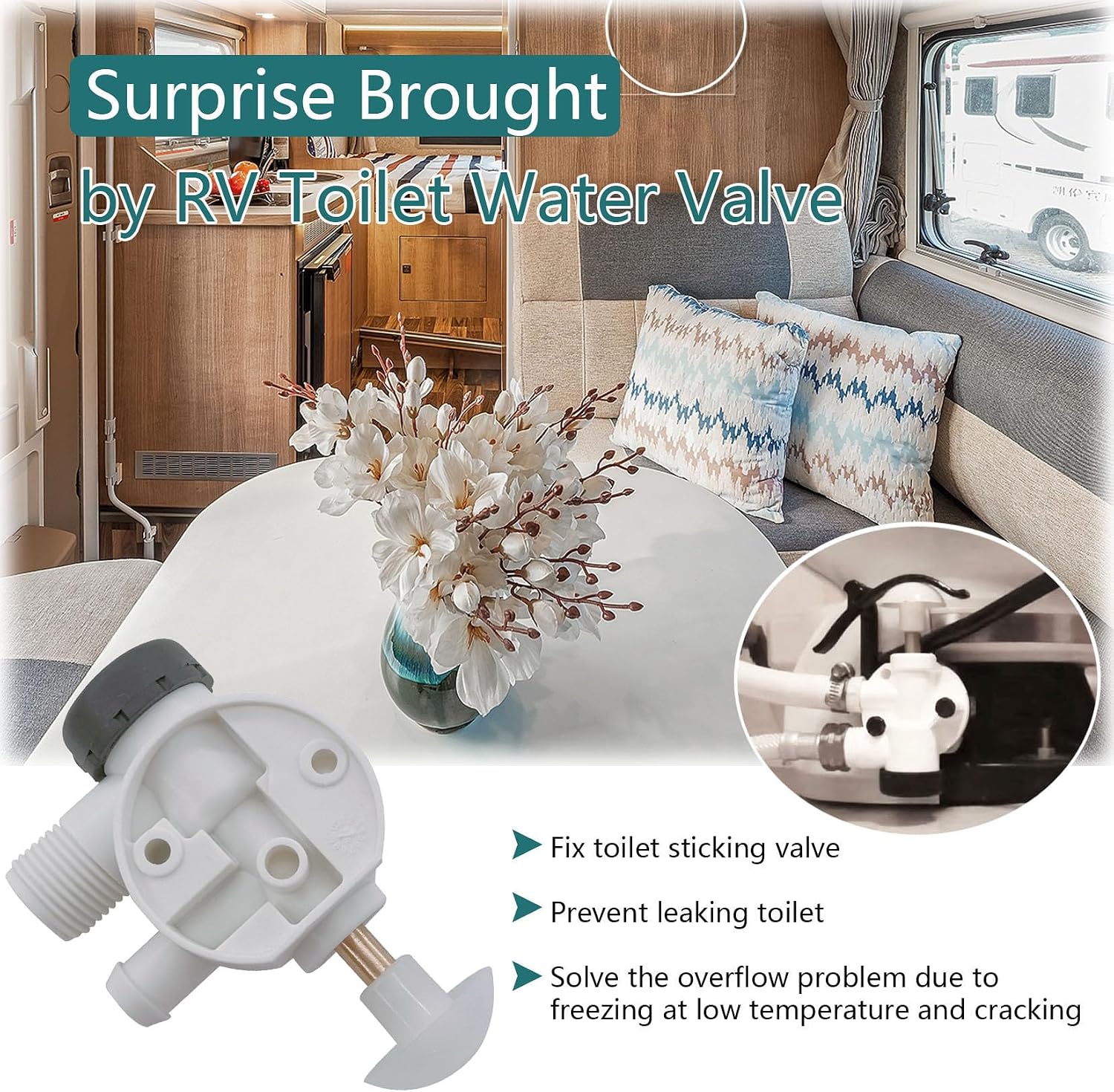 2-PACK RV Toilet Water Valve 385314349, Fix Leaks & Freeze Damage, for Pedal Flush Toilets for Camper, Trailer, Boat Toilets