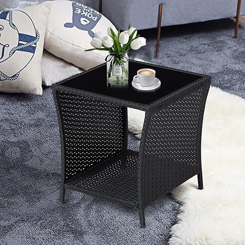 Miniatura 8 de Mesa auxiliar de mimbre al aire libre, mesa auxiliar para patio con tapa de cristal, almacenamiento de ratán para patio, balcón