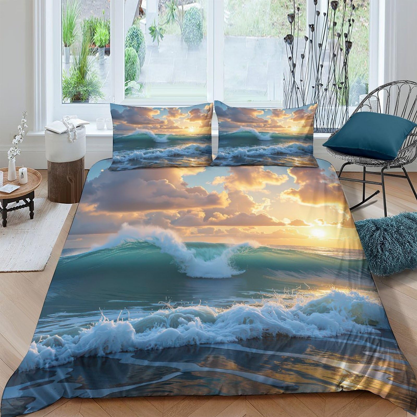 Ctjqhvkz Style-4 3D Printed Ocean Sunrise Fitted Sheet Microfiber Blue Waves Bed Sheet Anti-Slip Washable Bedroom Decor Mattress Cover Single（135X200cm）