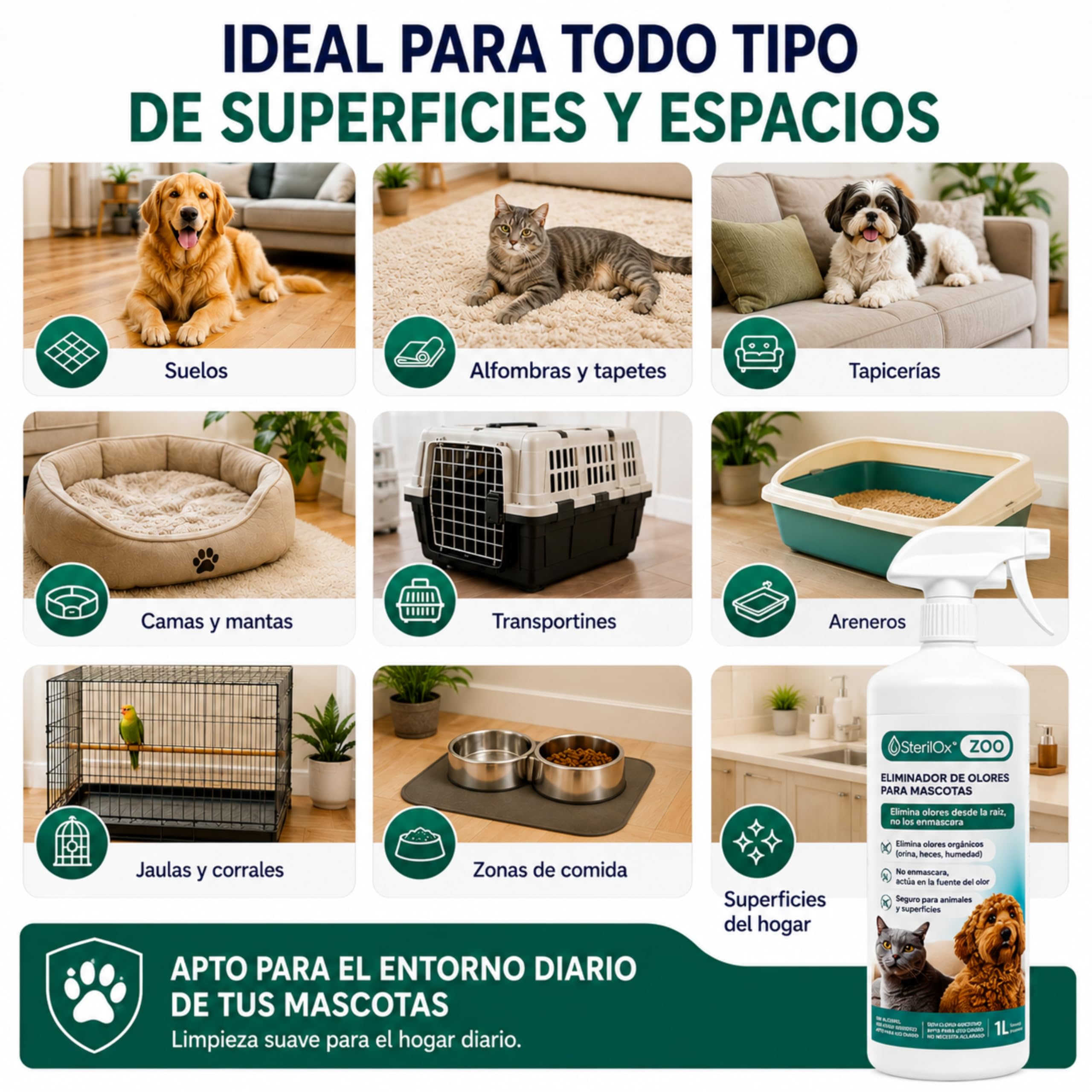 ZOO Eliminador de Olores para Perros y Gatos Sin Alcohol 1 L | Neutraliza olores de orina y mascotas en el hogar. Seguro para perros y gatos.