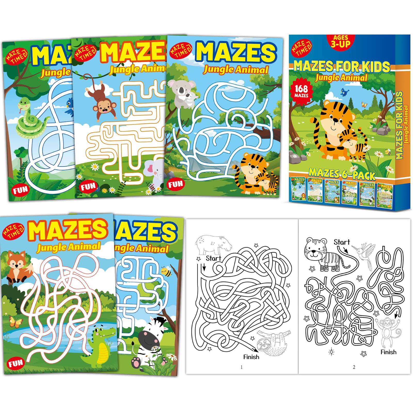 Wiooffen 168 Pages Activity Maze Books for Kids Ages 3-8, 6-Pack Travel Games Coloring Books Road Trip Activities Safari Jungle Animals Birthday Party Gifts Favor Supplies, 6 Beginner Level