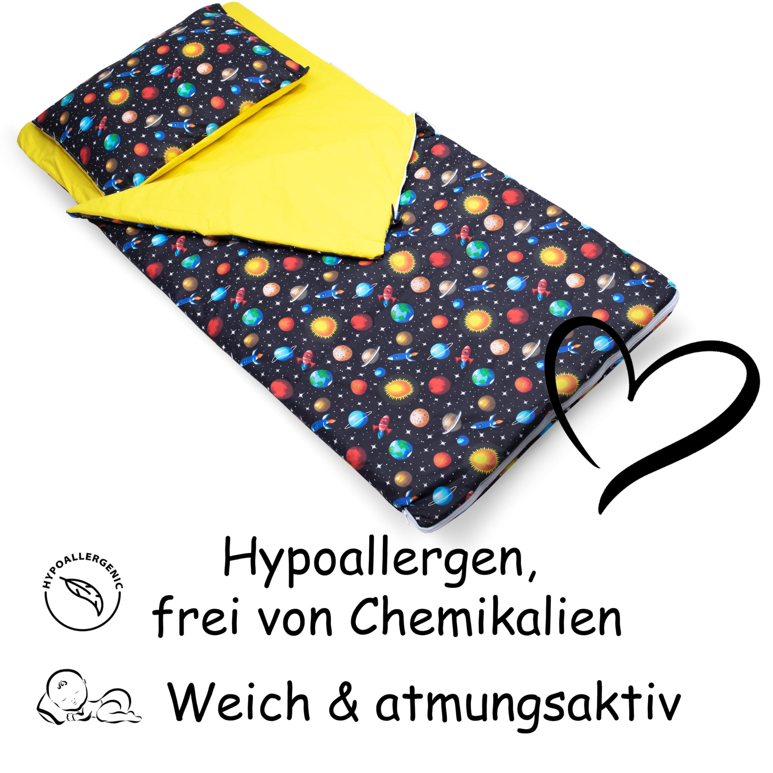 PinkZebra Schlafsack Kinder 140x75 cm mit Kissenbezug 60x40 cm & Beutel, Öko-Tex, bis 135 cm