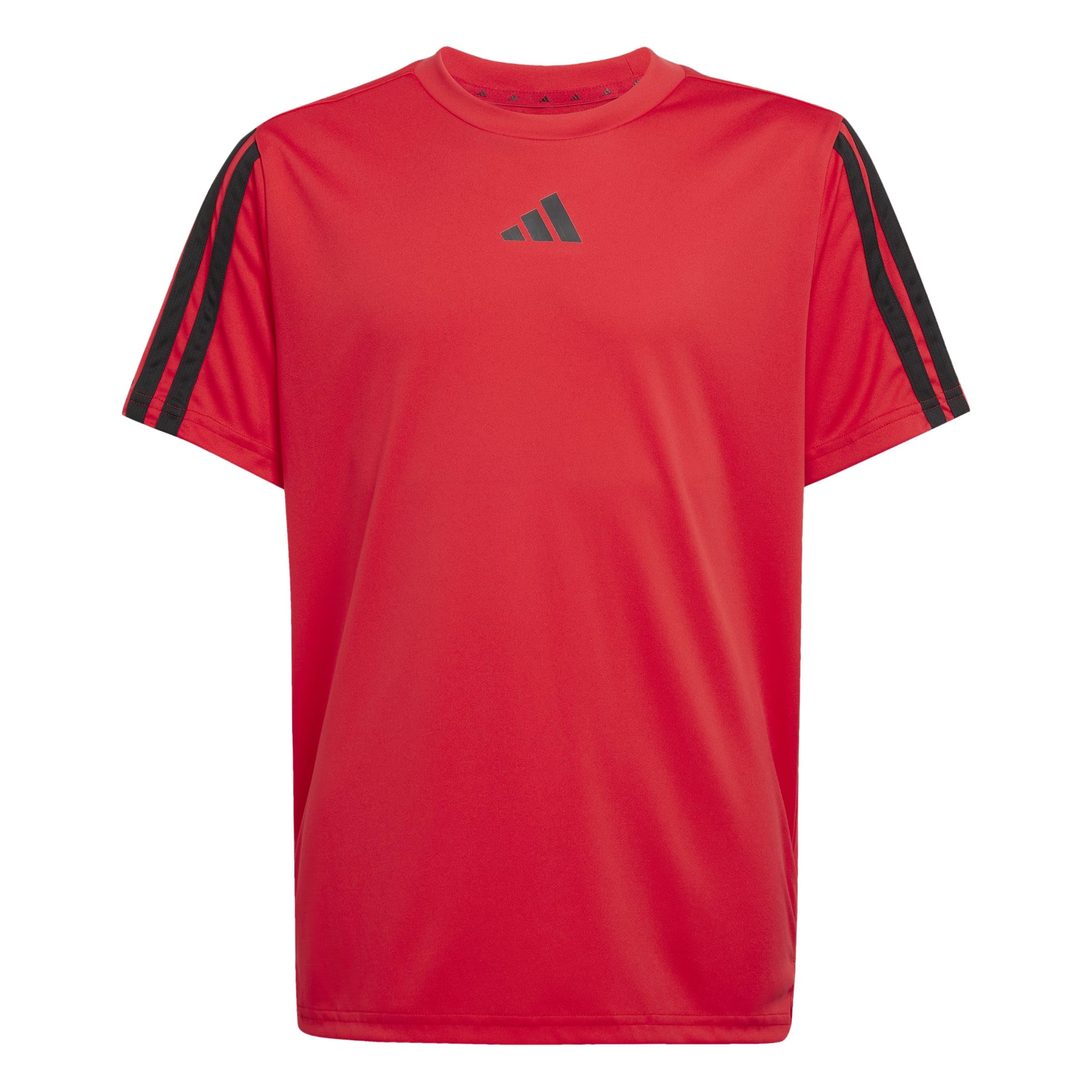 adidas Junior Boys Train Essentials 3 Stripe T-Shirt, Pure Ruby/Black, Size 7-8 Years