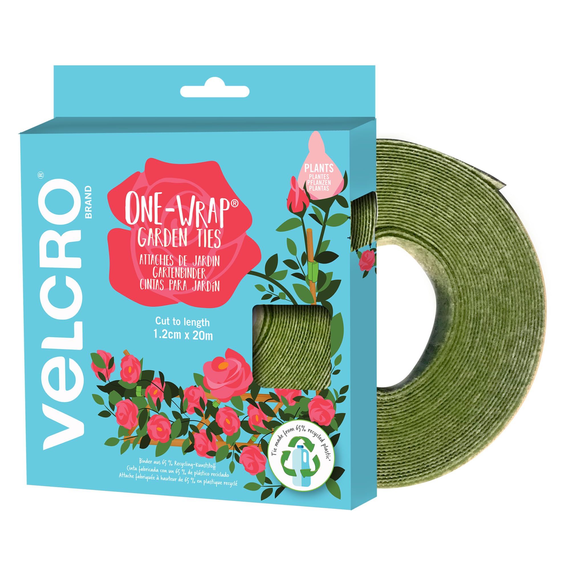 VELCRO® Brand ONE WRAP Opaski ogrodowe, ekologiczne wykonane z tworzywa sztucznego pochodzącego z recyklingu, 1,2 cm x 20 m, przycięte na długość, zielone