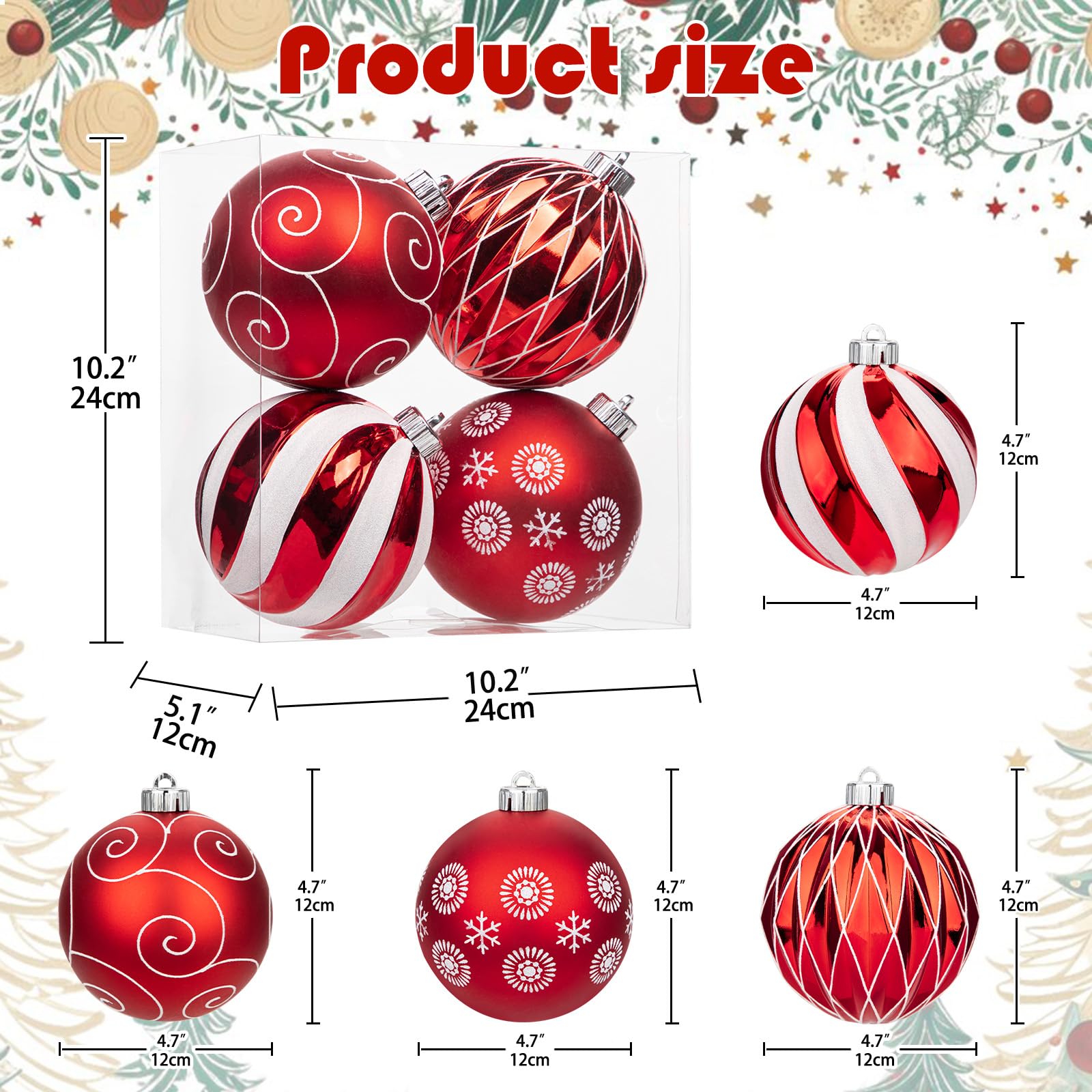 Set di 4 sfere per albero di Natale Ø12 cm, grandi palline di plastica per albero di Natale, decorazioni natalizie per albero di Natale, set di ornamenti di Natale, decorazioni per albero di Natale
