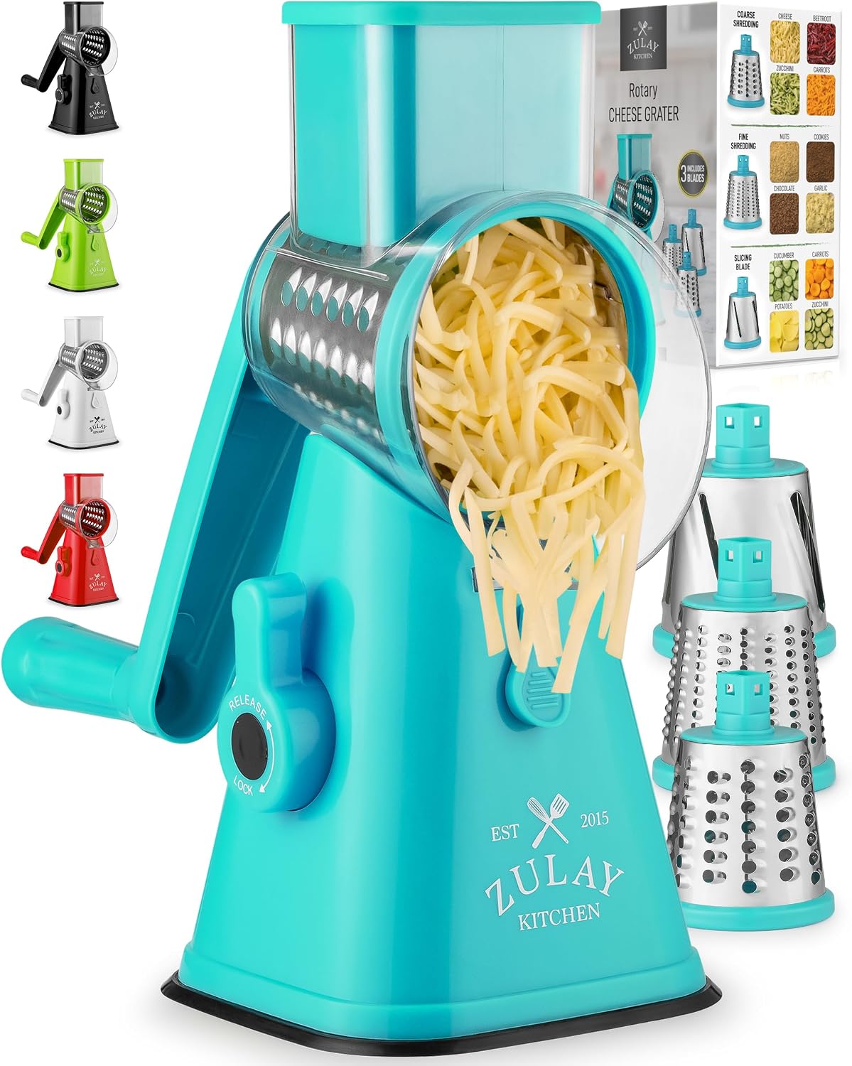Zulay Kitchen Manual Rotary Cheese Grater with Handle - Round Cheese Shredder Grater with 3 Interchangeable Stainless Steel Blades - Easy To Use Fruit, Nut, and Vegetable Grater (Light Blue)