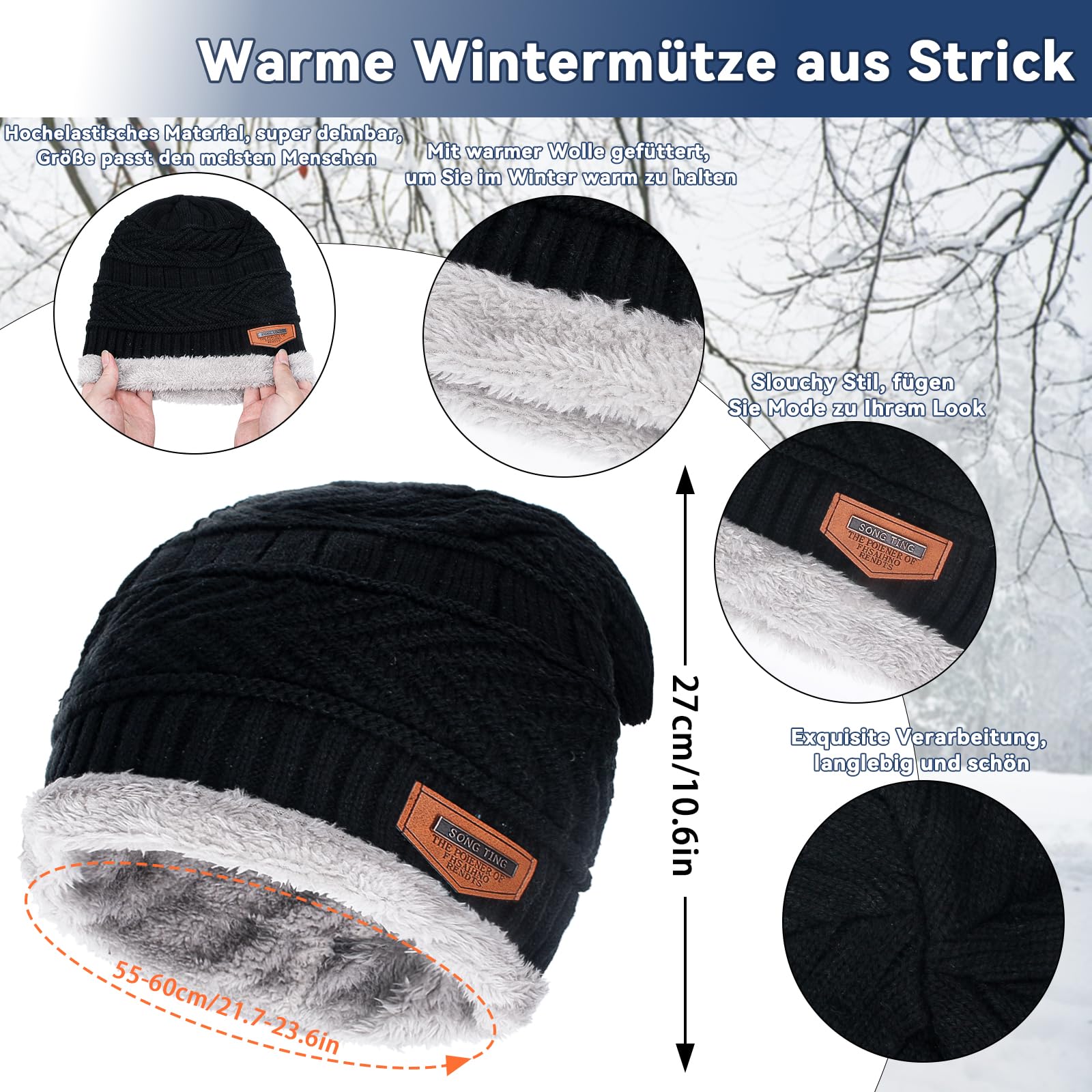 Winter Warm Mütze, Schal & Handschuh-Sets für Damen Herren, Winter Beanie Mütze, Touchscreen Handschuhe, Winter Warm Loop Schal mit Fleece Gefütterte, Geschenk Damen Herren Weihnachten (Schwarz)