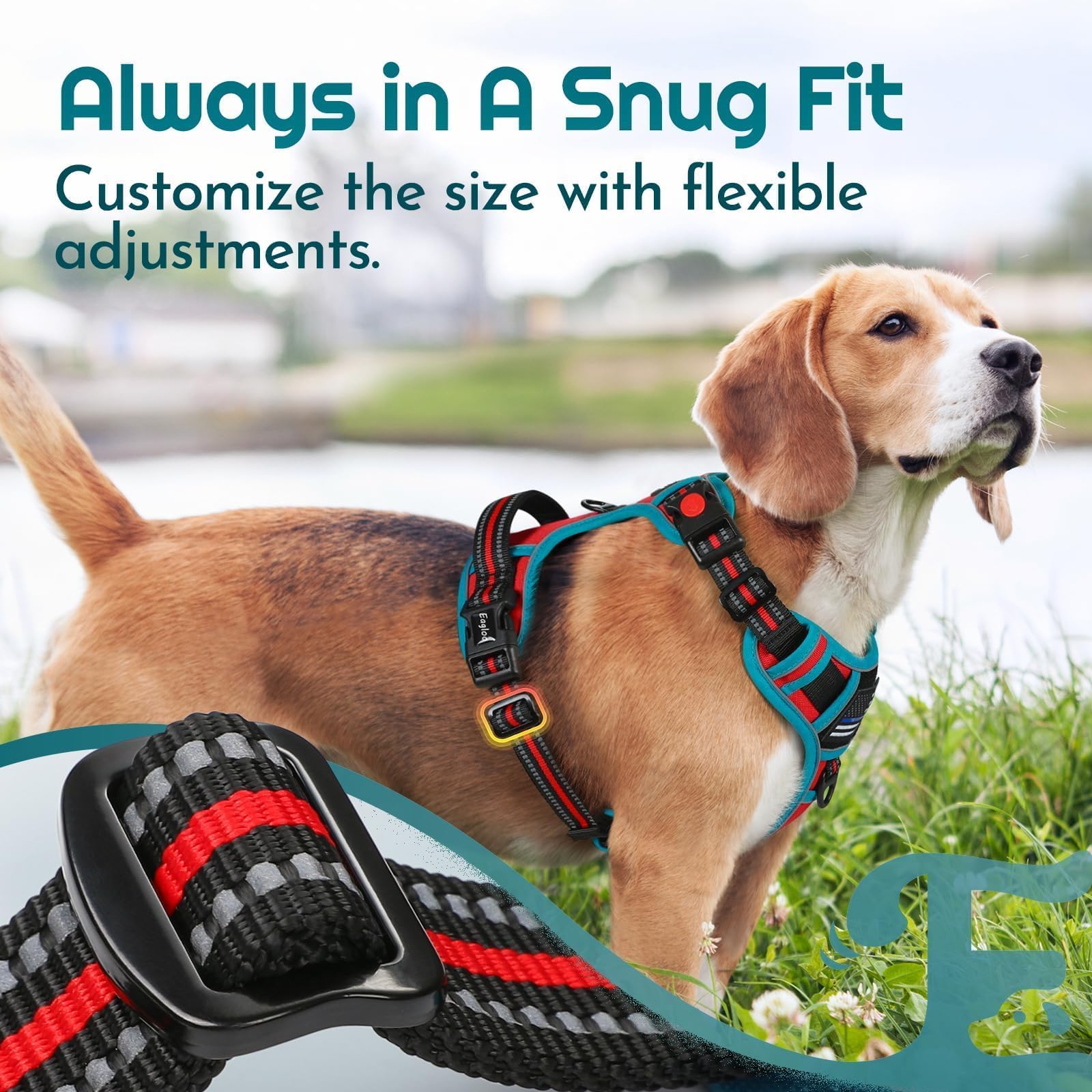 Eagloo Harnais pour chien de taille moyenne, réglable, anti-traction avec 3 boucles, harnais rembourré doux, facile à promener avec poignée, gilet réfléchissant anti-étranglement avec 2 clips pour