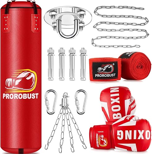 Prorobust Saco de boxeo, juego de bolsas de boxeo pesadas de poliuretano de 4 pies con guantes de 12 onzas de cadena extendida para MMA, boxeo,