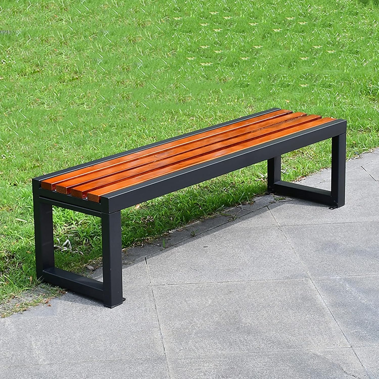 Backless Outdoor Garden Bench - Weatherproof Cast Iron & Hardwood Patio Furniture for Backyard, Deck, Lawn & Poolside - Durable Farmhouse Dining Seating Solution