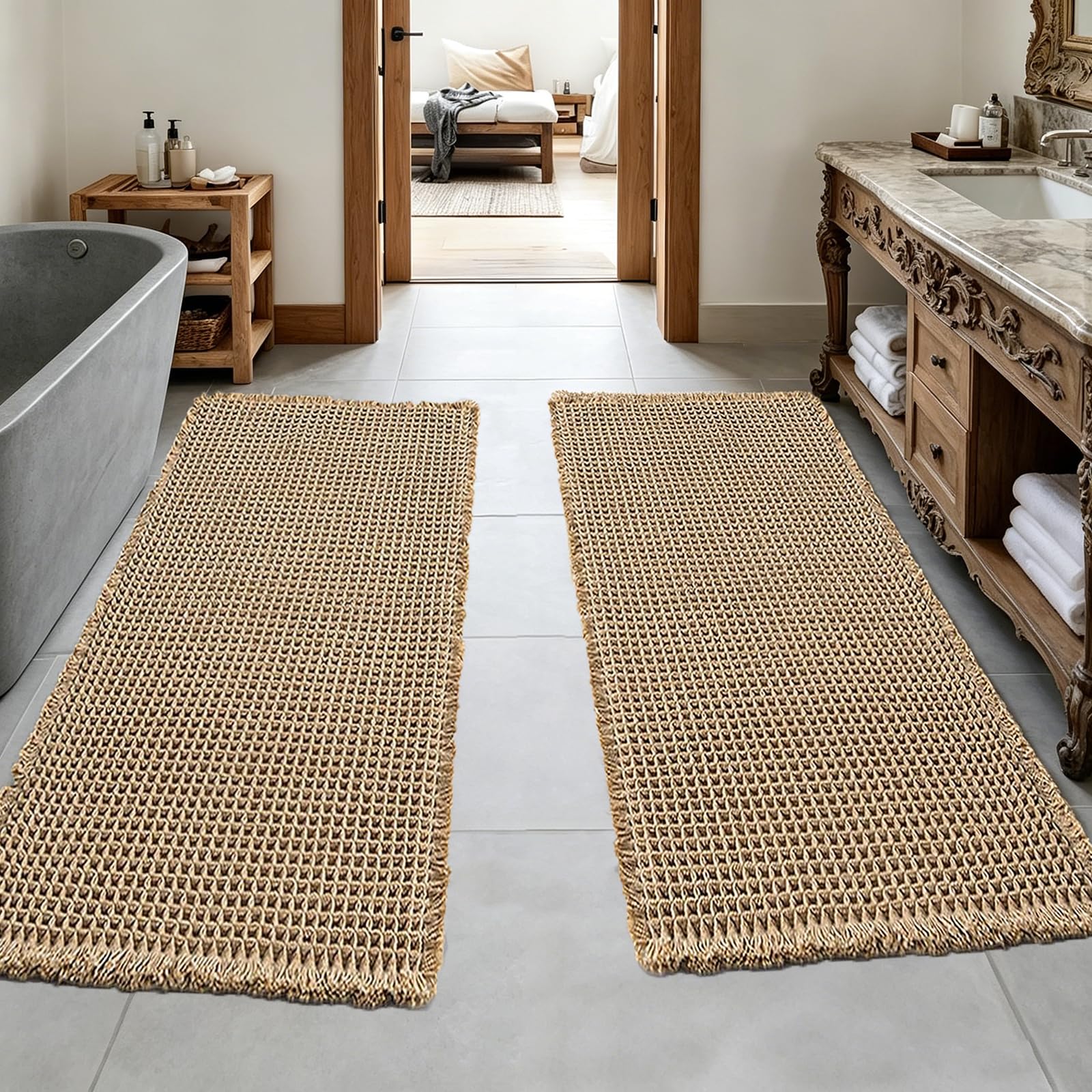 2Pcs Waffle Bath Mat Non Slip Beige-Brown Bathmat Anti Slip Bathroom Mat Quick Dry Bath Mat Set Anti Mould Absorbent Machine Washable Bathroom Floor Mats Shower Mat Accessories (2xBrwon-60x180cm)