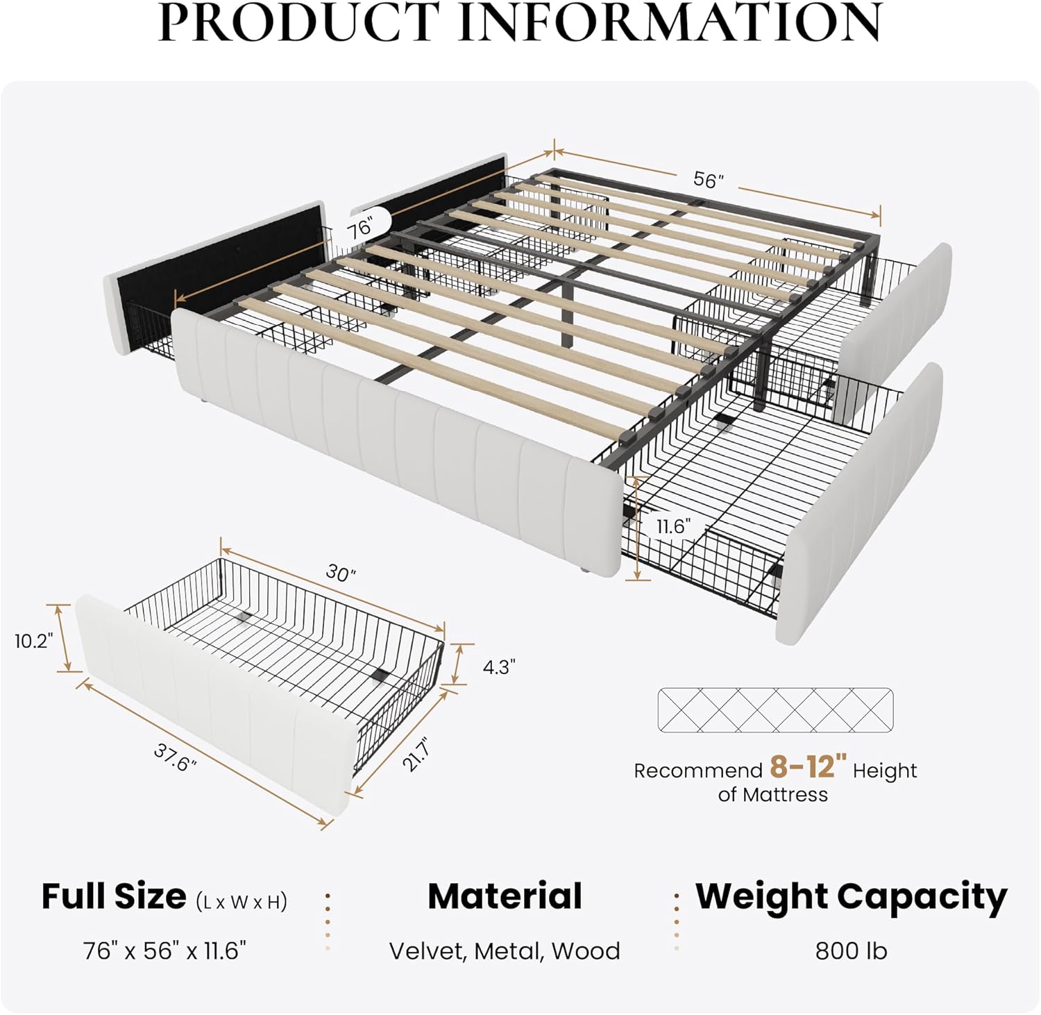 SHA CERLIN Full Size Velvet Upholstered Platform Bed Frame with 4 Storage Drawers, Vertical Channel Tufted, Low Profile, Fits Standard Headboards, Wooden Slats Support, Easy Assembly, White