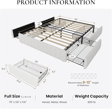 SHA CERLIN Full Size Velvet Upholstered Platform Bed Frame with 4 Storage Drawers, Vertical Channel Tufted, Low Profile, Fits Standard Headboards, Wooden Slats Support, Easy Assembly, White