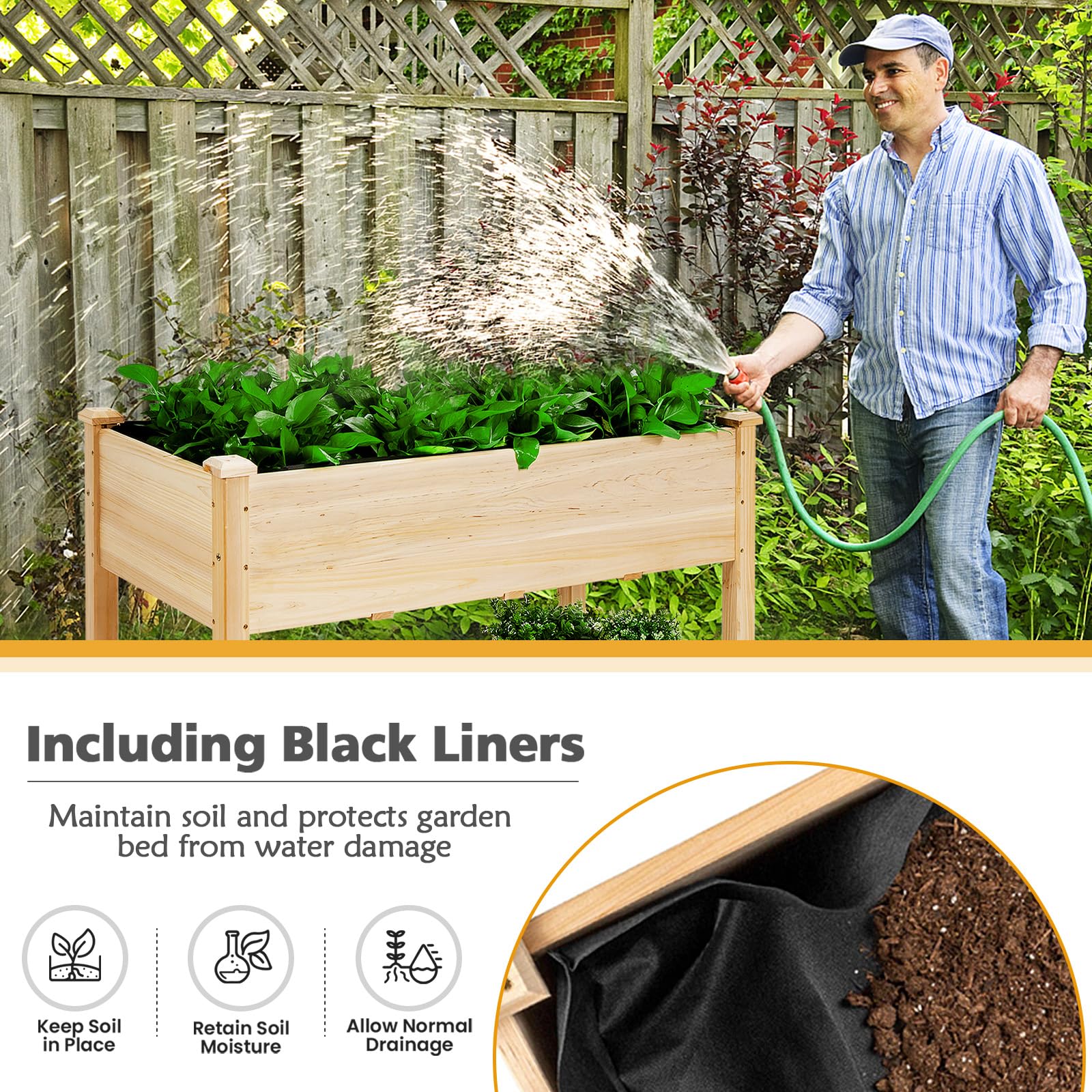 HOMASIS Jardinière sur Pieds avec roulettes et Étagère, Carré Potage Surélevée en Bois avec Trou de Drainage et Non-Tissé Intérieur, pour Jardin, Balcon, Terrasse 120 X 59 X 84 Cm