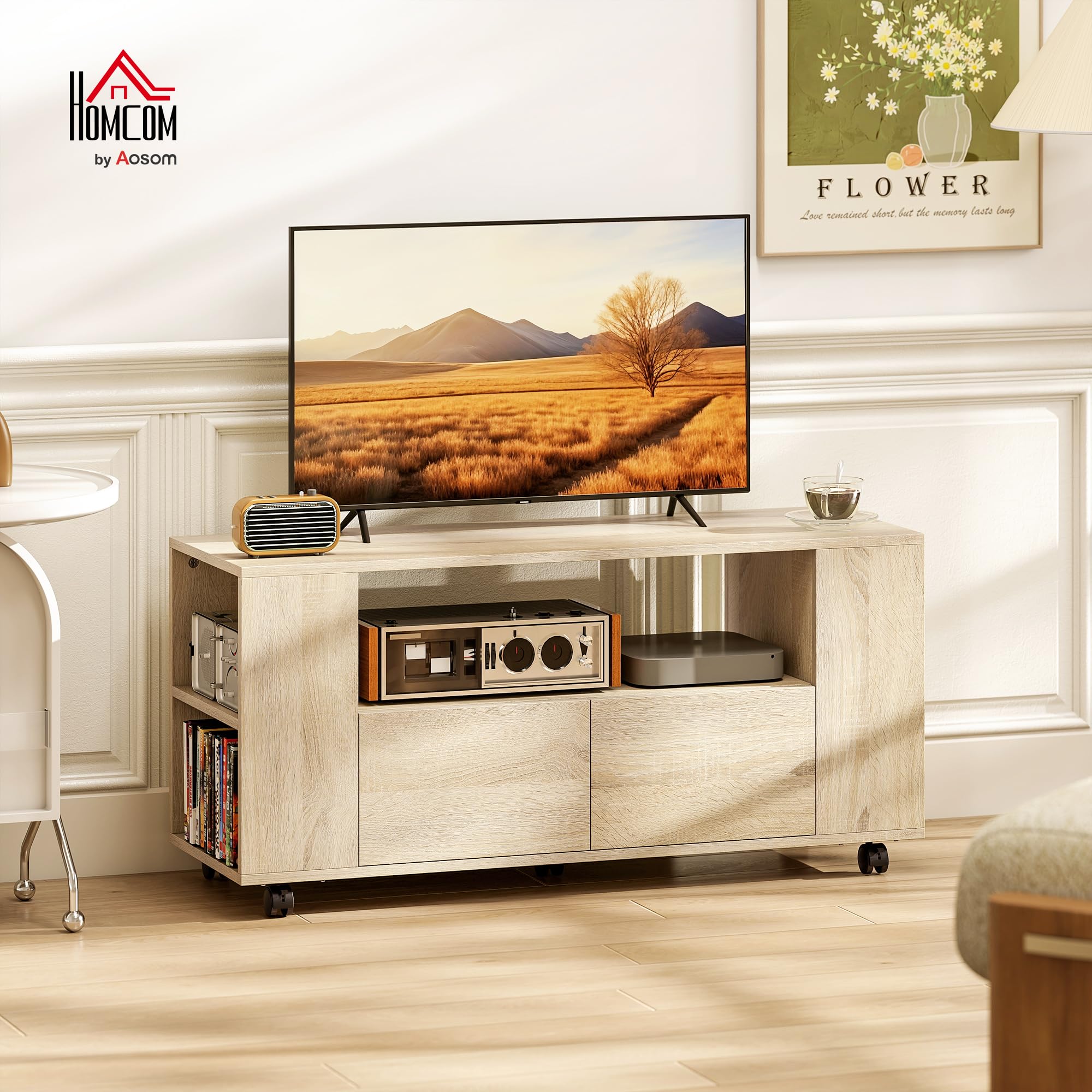 HOMCOM Mobile Porta TV fino a 42", Mobiletto TV con Ruote Girevoli e Freno, Ripiani Regolabili e Cassetti, per Soggiorno e Salotto, 102x34.5x48.5 cm, Legno Naturale