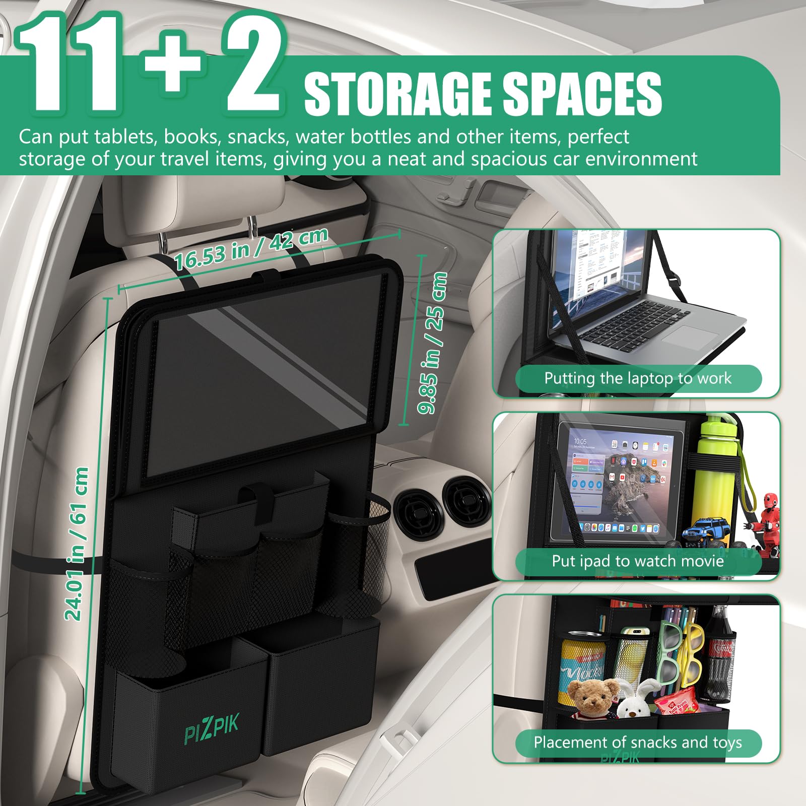 Plzpik Car Backseat Organizer with Tablet Holder,11 Storage Pockets with Foldable Food Tray, Protector Kick Mats for Kids, Travel Accessories Organizer (Black, 1Pack)