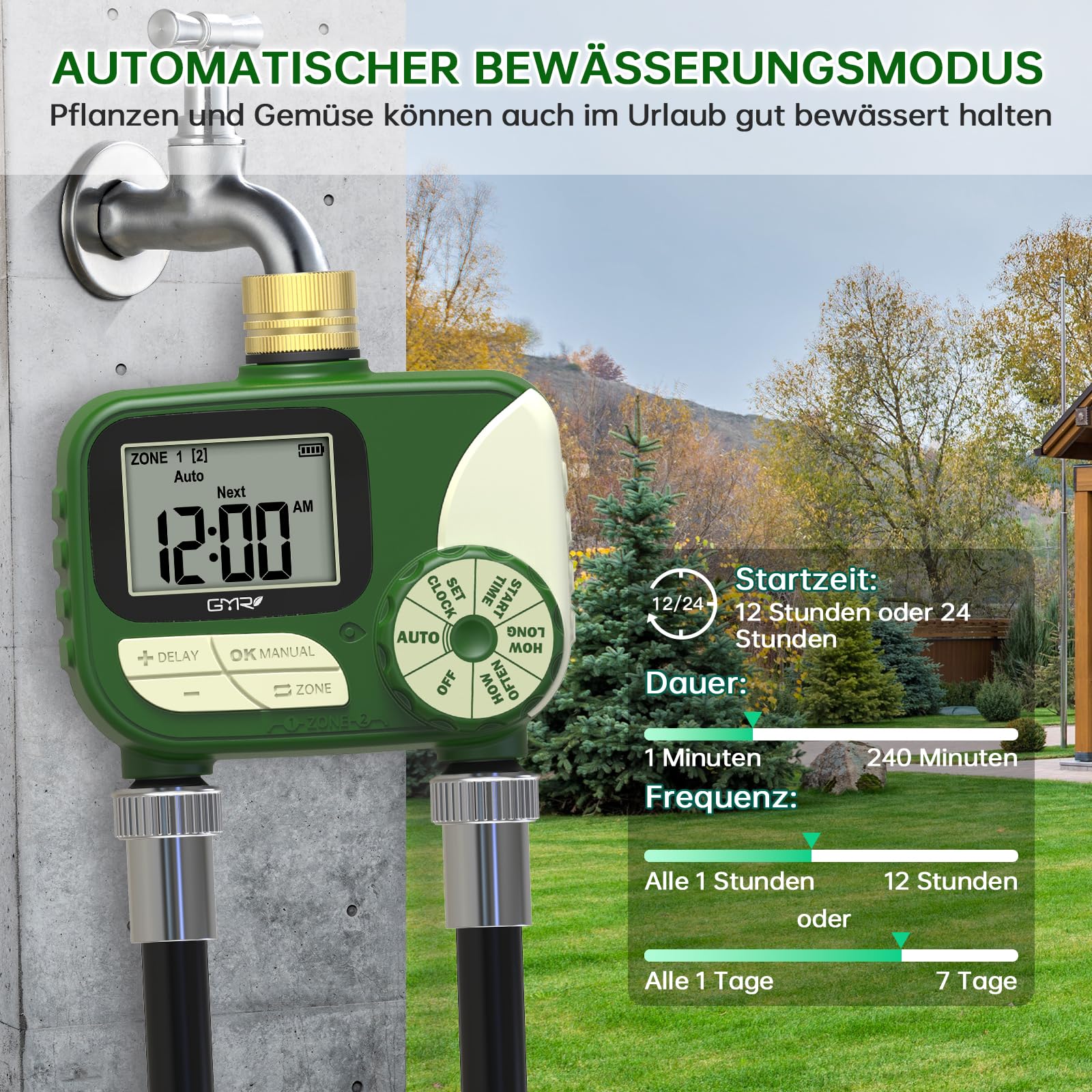 GMR Bewässerungscomputer mit Messingeinlass, Bewässerungssteuerung für Gartenschlauch, Bewässerungsuhr mit Regenverzögerung/Manuell/Automatisch, Bewässerungssystem für Garten, 2 Ausgänge
