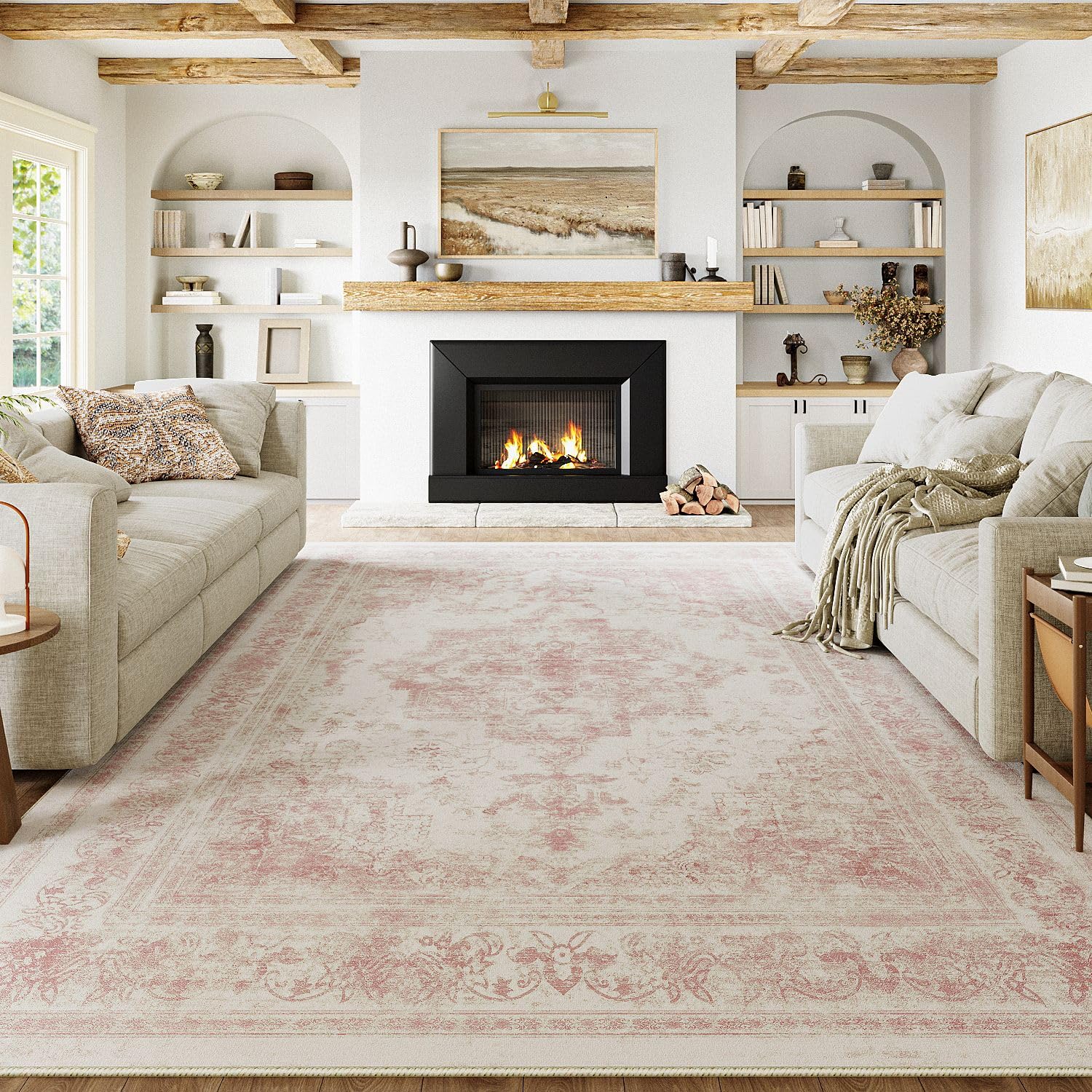 vintage area rug 8x10 indoor living room pink washable medallion large carpet traditional retro accent throw rug low pile non slip distressed for kitchen office dining room bedroom