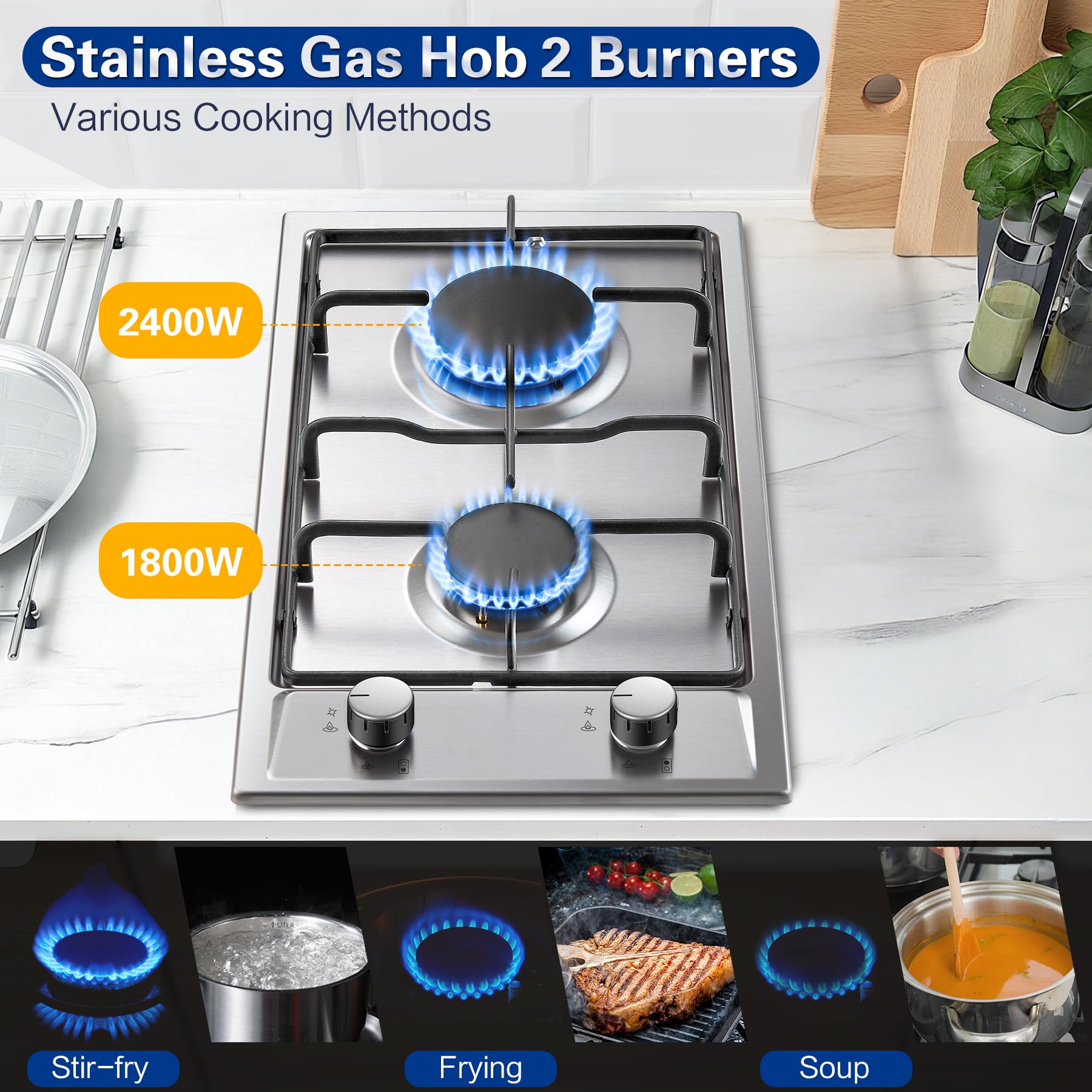 TopStrong Plaque de Cuisson Gaz 2 Feux Inox 30cm Encastrable Sécurité Thermocouple 4200W