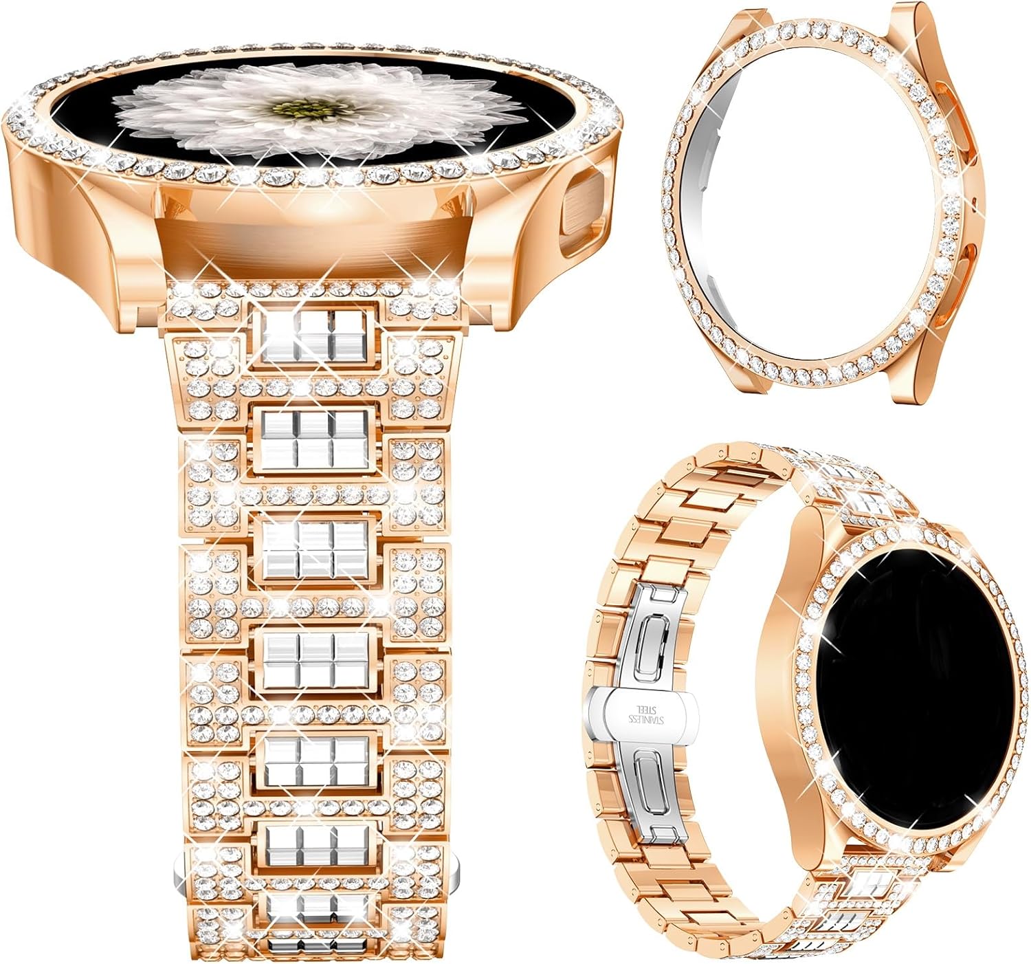 Mosonio Compatible with Samsung Galaxy Watch FE 2024 40mm/Galaxy Watch 5 Band 40mm 44mm/ Galaxy Watch 4 Band 40mm 44mm with Protective Cover Case, 20mm Bling Metal Galaxy Watch Band for Women (Silver, Black, Rose Pink, Rose Gold, Colorful, Starlight)