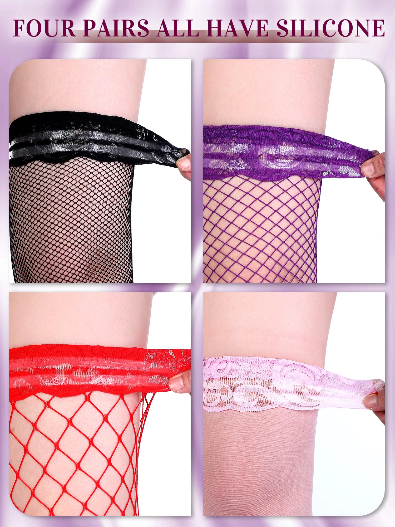 Bencailor Fishnet Thigh High Stocking for Women Silicone Lace Top Sheer Over Knee Stockings: 4 Black, Purple, Red, Pink Medium