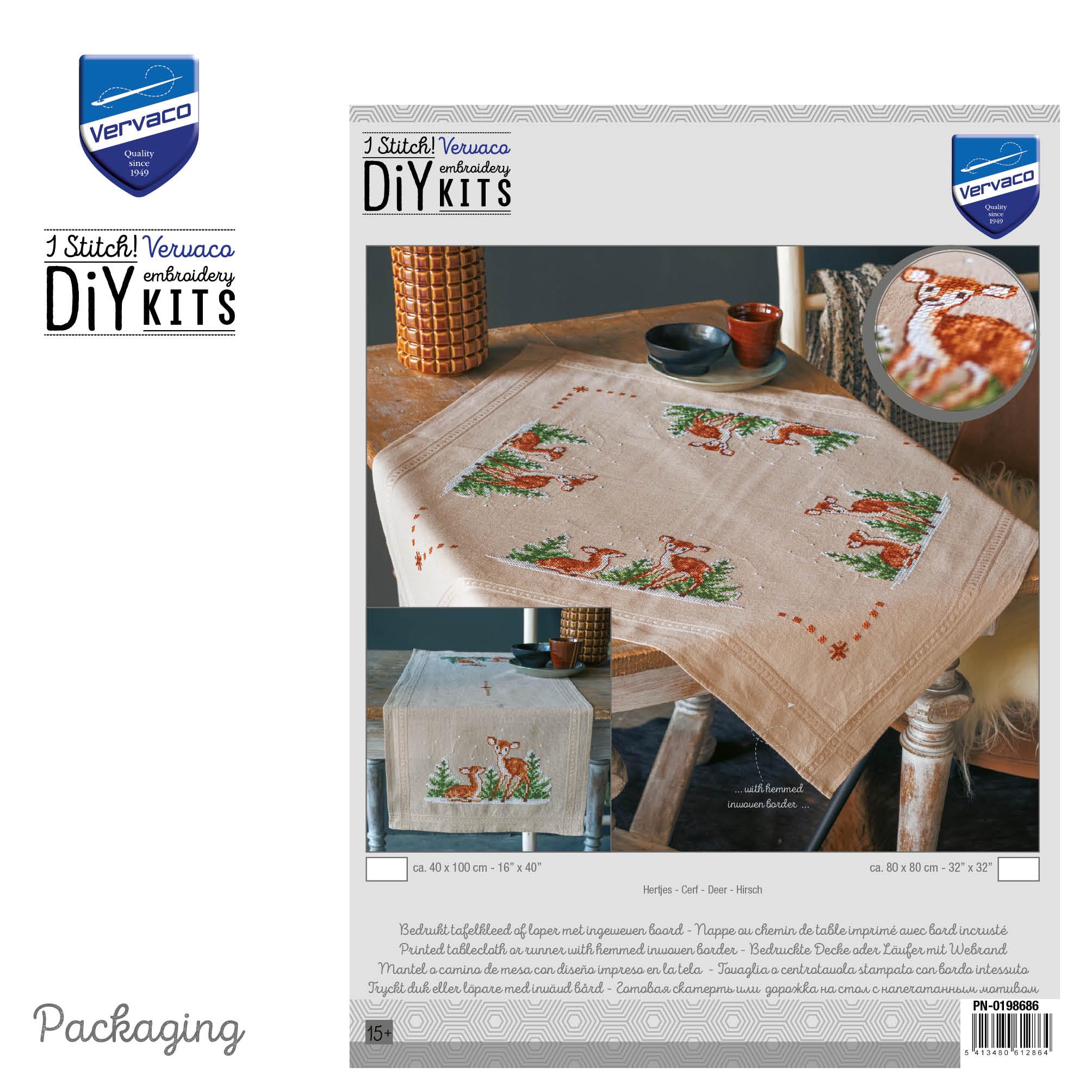 Vervaco Ricamo Punto Croce Kit Prestampato Tovaglie CERVO Biancheria Da Tavola Set Fai Da Te Creativo 80 x 80 cm Kit Hobby Creativi Adulti Casa Decor Cross Stitch Embroidery