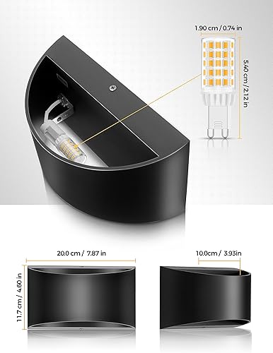 Miniatura 5 de LOHAS - Juego de dos apliques de pared LED modernos negros, iluminación de pared arriba y abajo, luces de pared interiores cableadas para