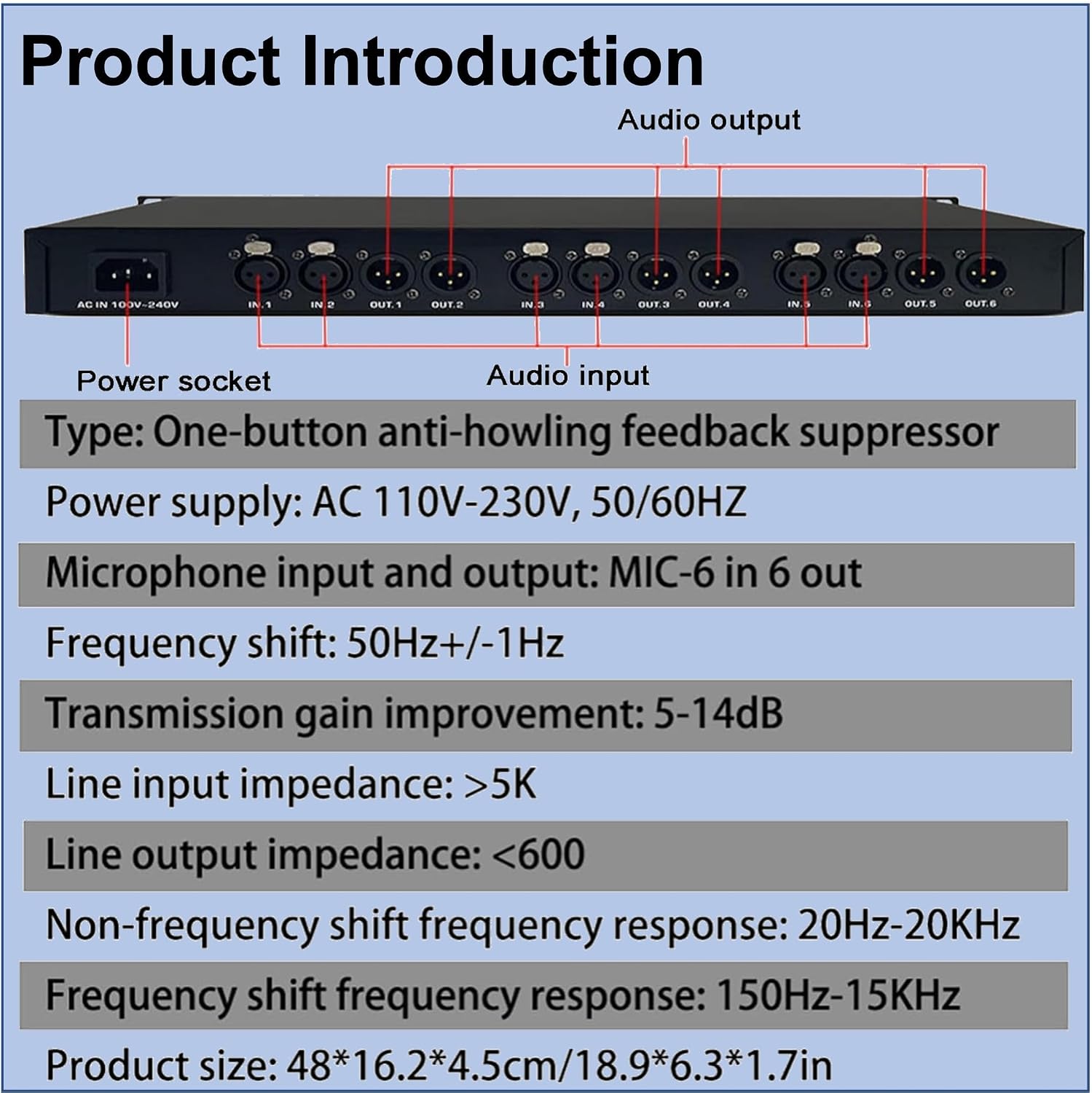 RQG Professional Feedback Suppressor, 6-in and 6-Out Microphone Anti-Howl Feedback Eliminator, 5-Level Digital Anti-Squealing, 12 Segments High Fidelity Retention, Perfect Sound Effects（Blue）