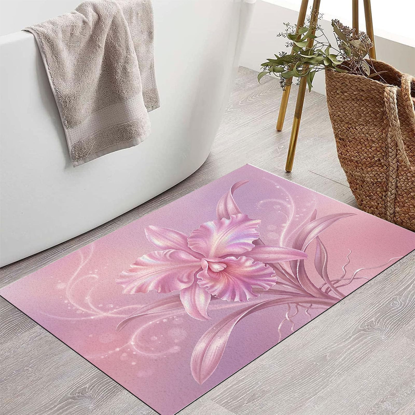 Zerbino Ingresso Interno Orchidea Phalaenopsis 3D Splendente, Zerbino Di Benvenuto Lavabile Morbida Fiori Romantici A Tinta Unita, Antiscivolo Tappeto Da Decorazioni Rosa Per Casa Porta, 60X90Cm