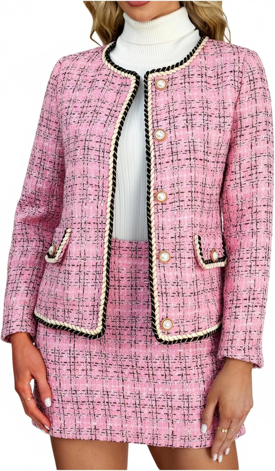 Women's 2 Piece Outfits Plaid Button Front Long Sleeve Tweed Jacket and Mini Skirt Elegant Set