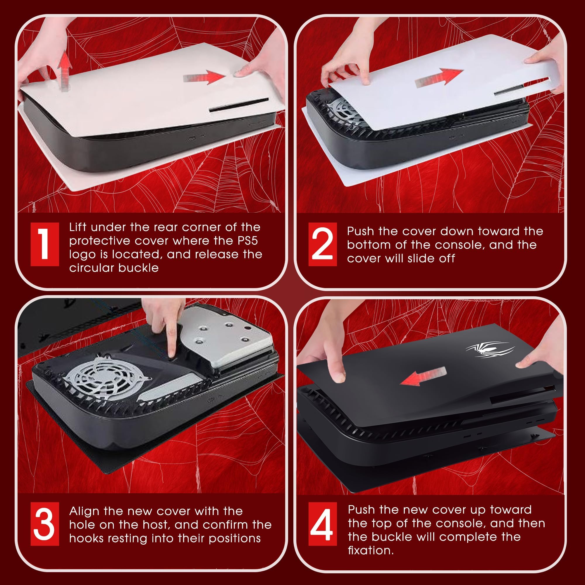 Plaque frontale pour PS5 - Plaques latérales pour console PlayStation 5 Disc Edition - Coque de rechange - Noir - Anti-rayures et anti-poussière - Motif araignée