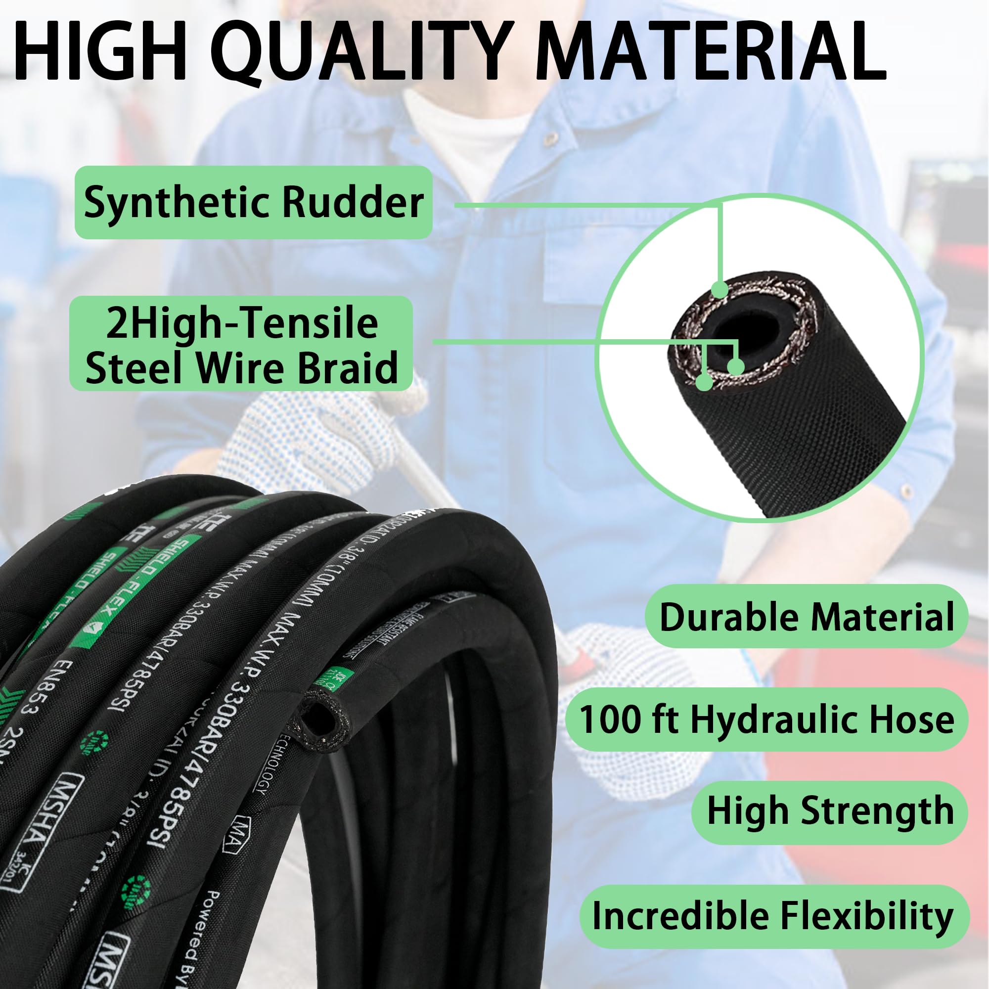 Haichy Hydraulic Hose Coiled 4785 PSI Rubber With 2 High-Tensile Steel Wire Braid, Oil Flexible Hose (3/8 in x 100 ft)