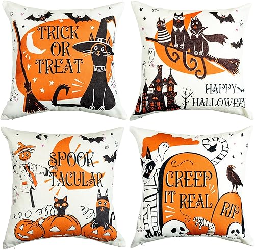 Sioloc Fundas de almohada de Halloween de 18 x 18 pulgadas con 4, decoraciones de Halloween, casa de campo de bruja de calabaza, decoración festiva disponible en Yaxa Peru