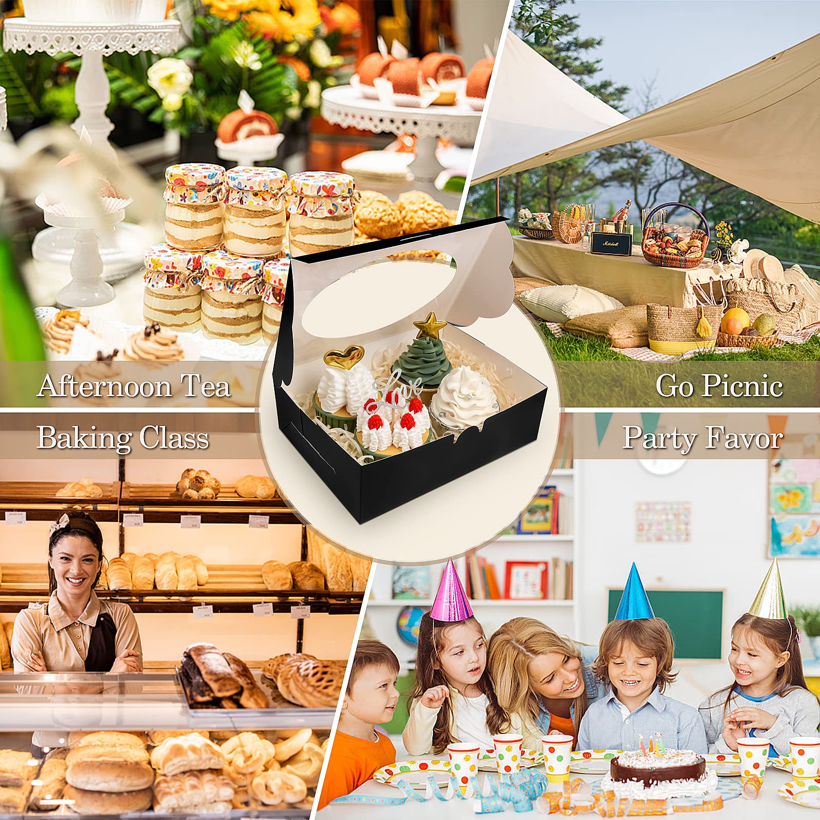 KPOSIYA 65 cajas de galletas de 8 x 6 x 2.5 pulgadas con ventana, cajas de panadería negras para regalo, golosinas, postres, cupcakes, chocolate, fresas, donas, magdalenas (5 ventanas de estilo)