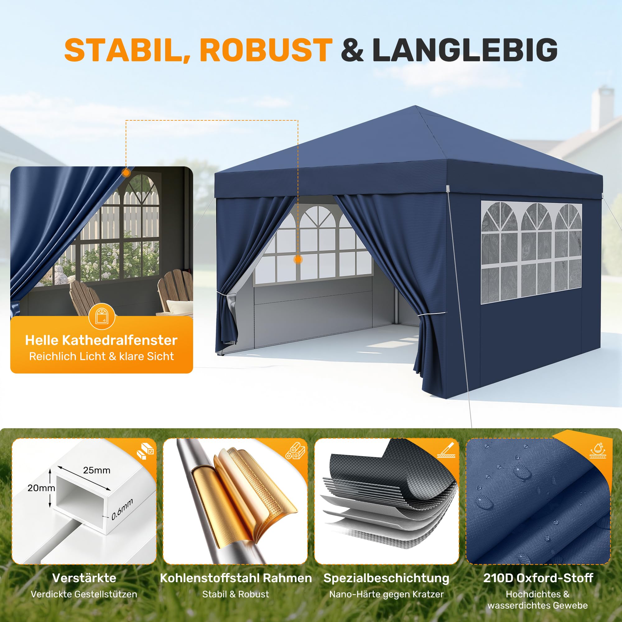 Hawthyhome Pavillon 3x3 Wasserdicht Stabil Winterfest, Faltpavillon 3x3 mit 4 Seitenteilen, Pop Up Pavillon UV Schutz 50+, Höhenverstellbar Partyzelt Gartenpavillon Für Outdoor, Blau Mit Seitenwänden