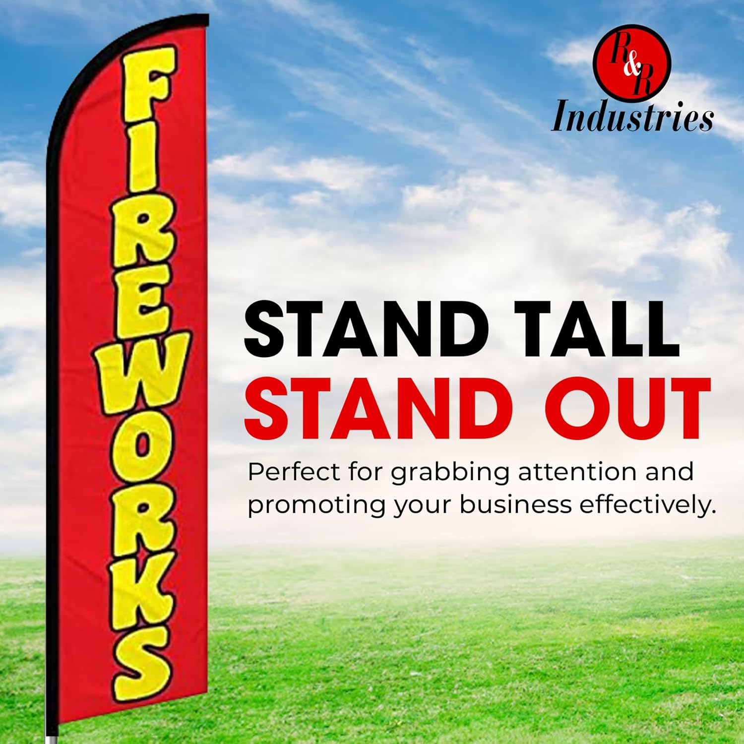 Fireworks Windless Banner Flags – Red Design, Pack of 2 | 3 ft x 11.5 ft Outdoor Advertising Signs | Weatherproof Polyester (With Complete Hybrid Pole Set)