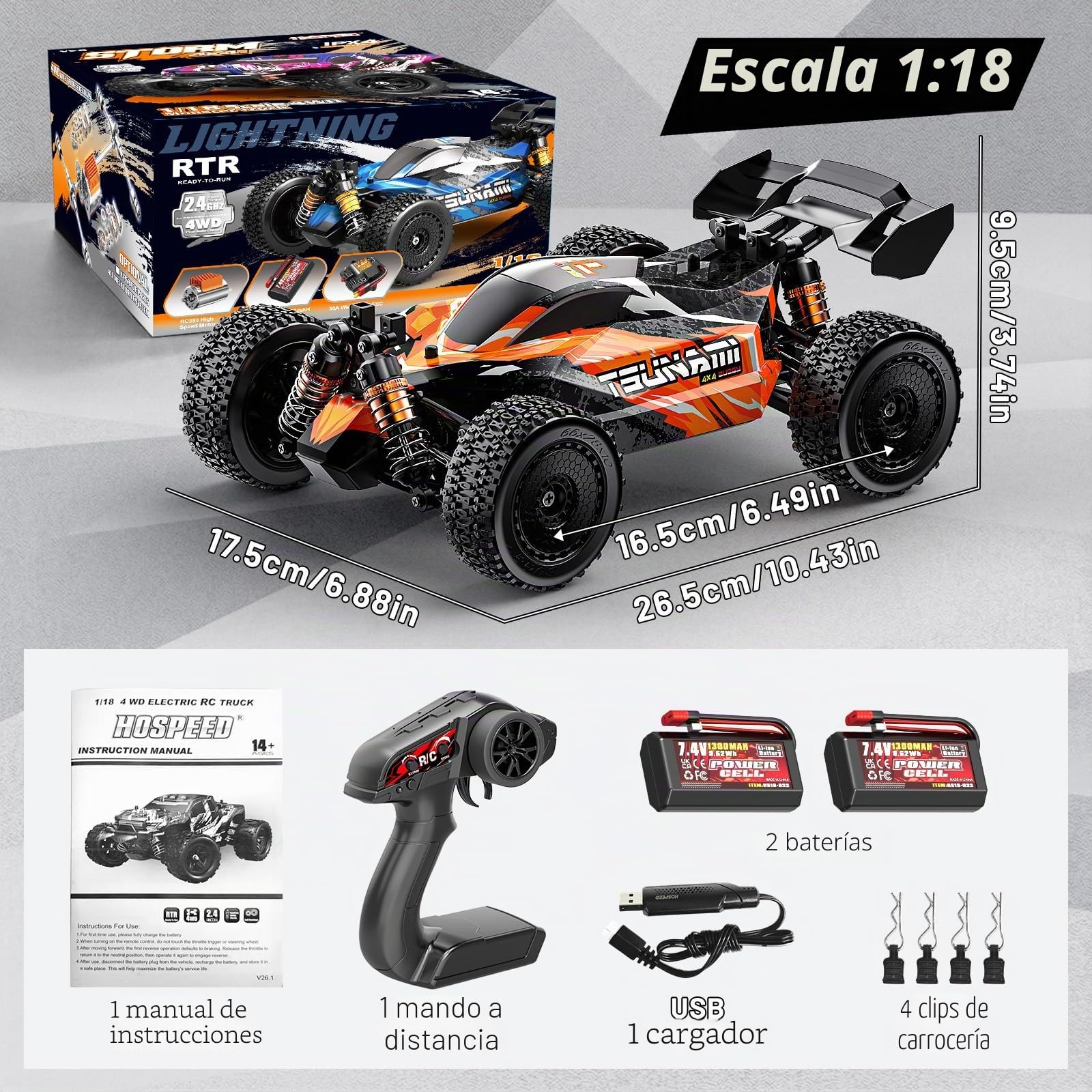 Coche teledirigido 1:18 Todoterreno de Alta Velocidad 40 km/h, RC Monster Truck 4x4 con Transmisión Metálica, 2 Baterías Recargables 7,4V 1300mAh, Electrónica Antisalpicaduras, para Adultos y Niños 8+
