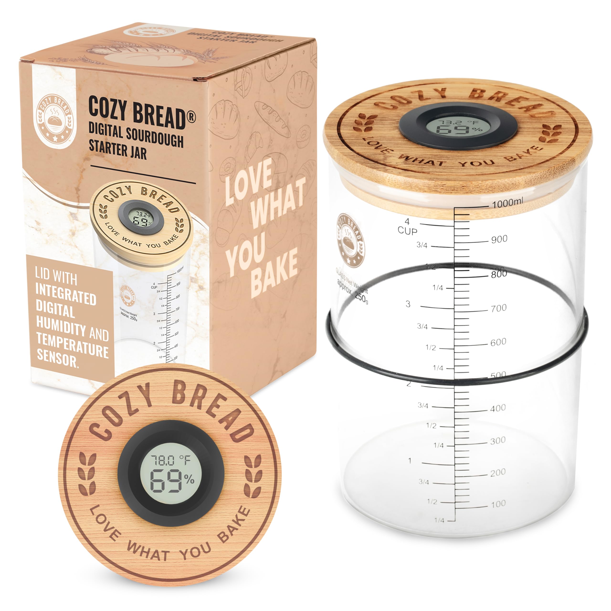 Bocal de démarrage au levain numérique verre 964g avec thermomètre et capteur d'humidité