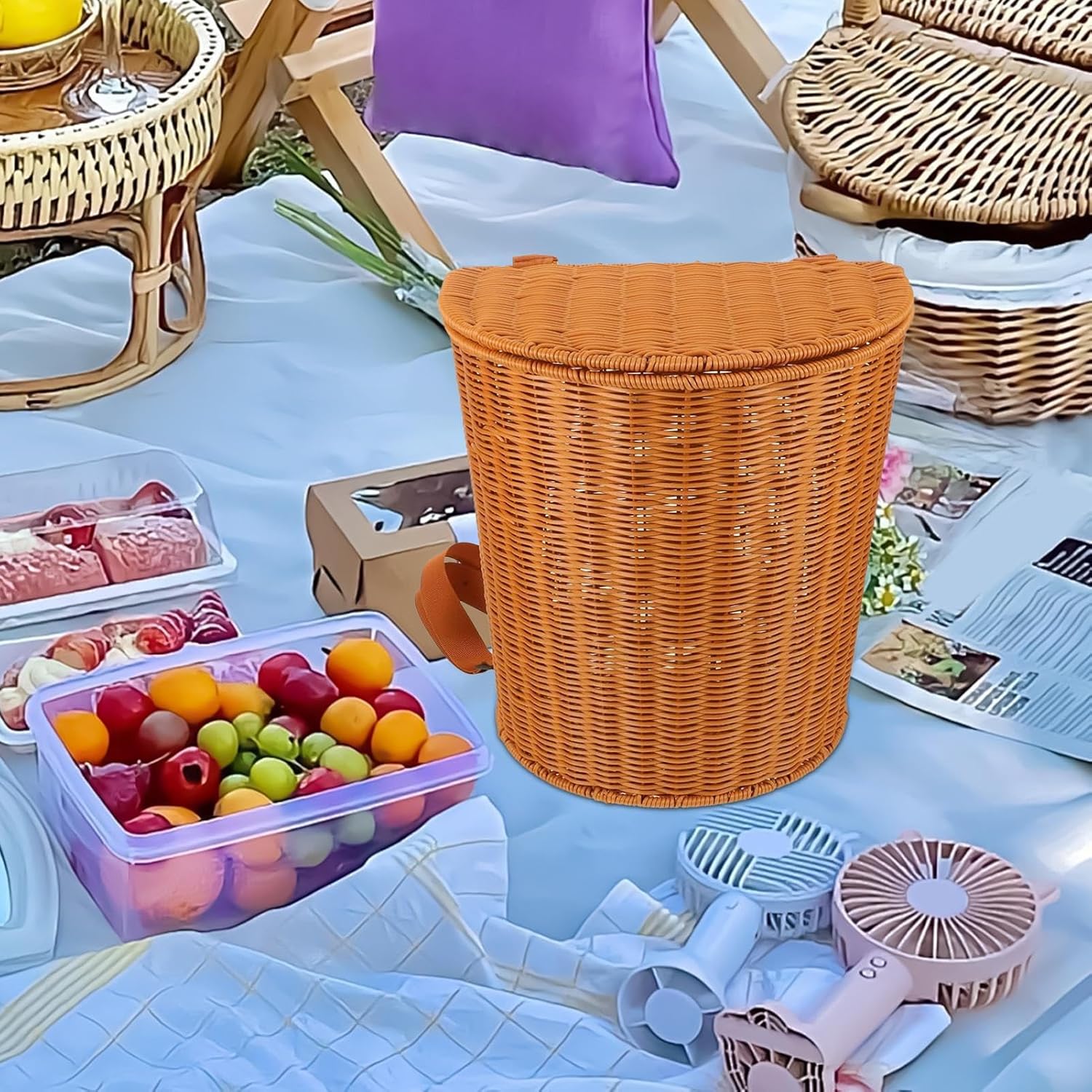 バスケットバックパック,手織り 収納 バックパック | 蓋とショルダーストラップが付いた農場用バスケット,週末 果樹園 ピッキング