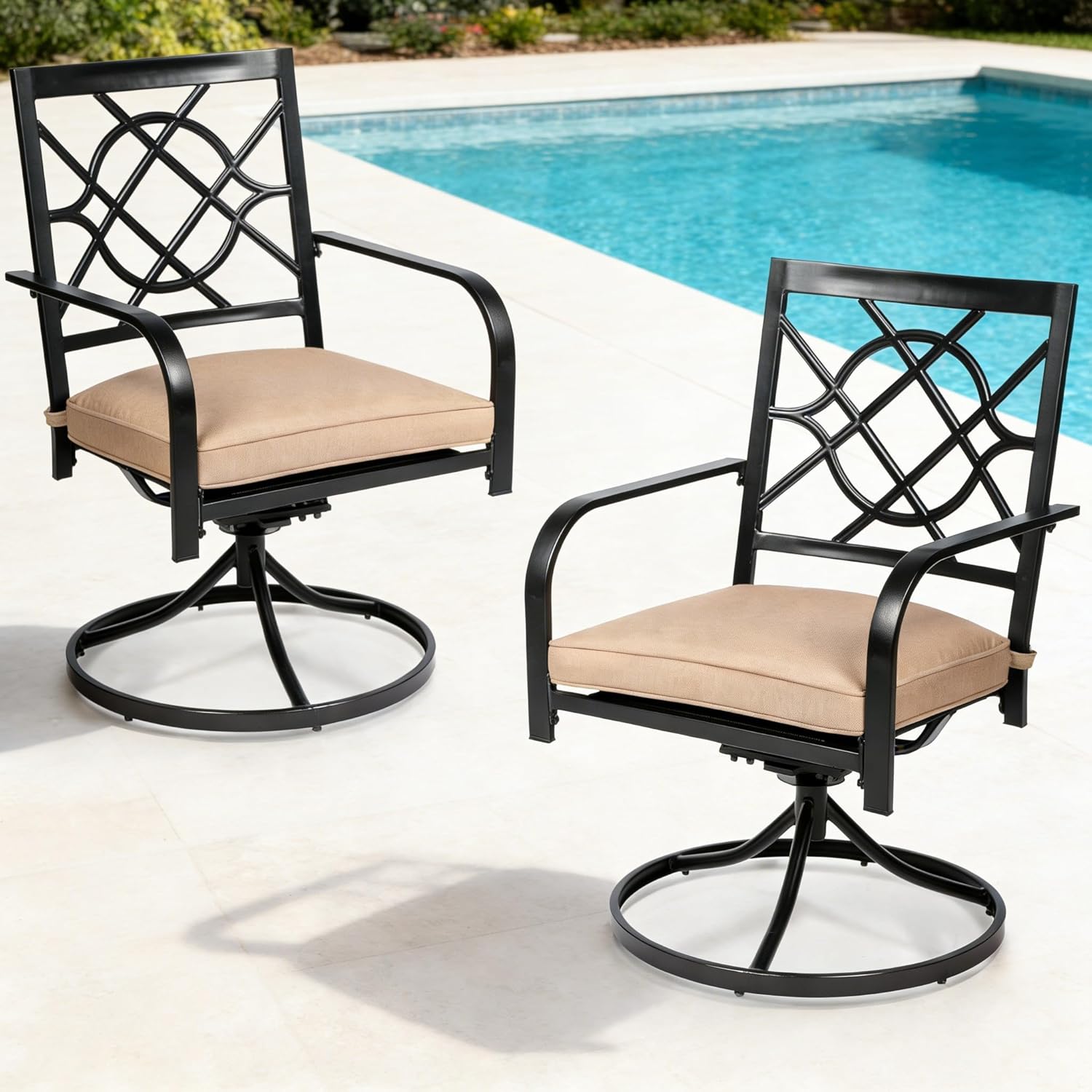SUNCROWN Outdoor Dining Swivel Chairs Set of 2, Metal Frame Patio Chair Rocker with Brown Cushion for Garden, Bistro, Backyard, Balcony