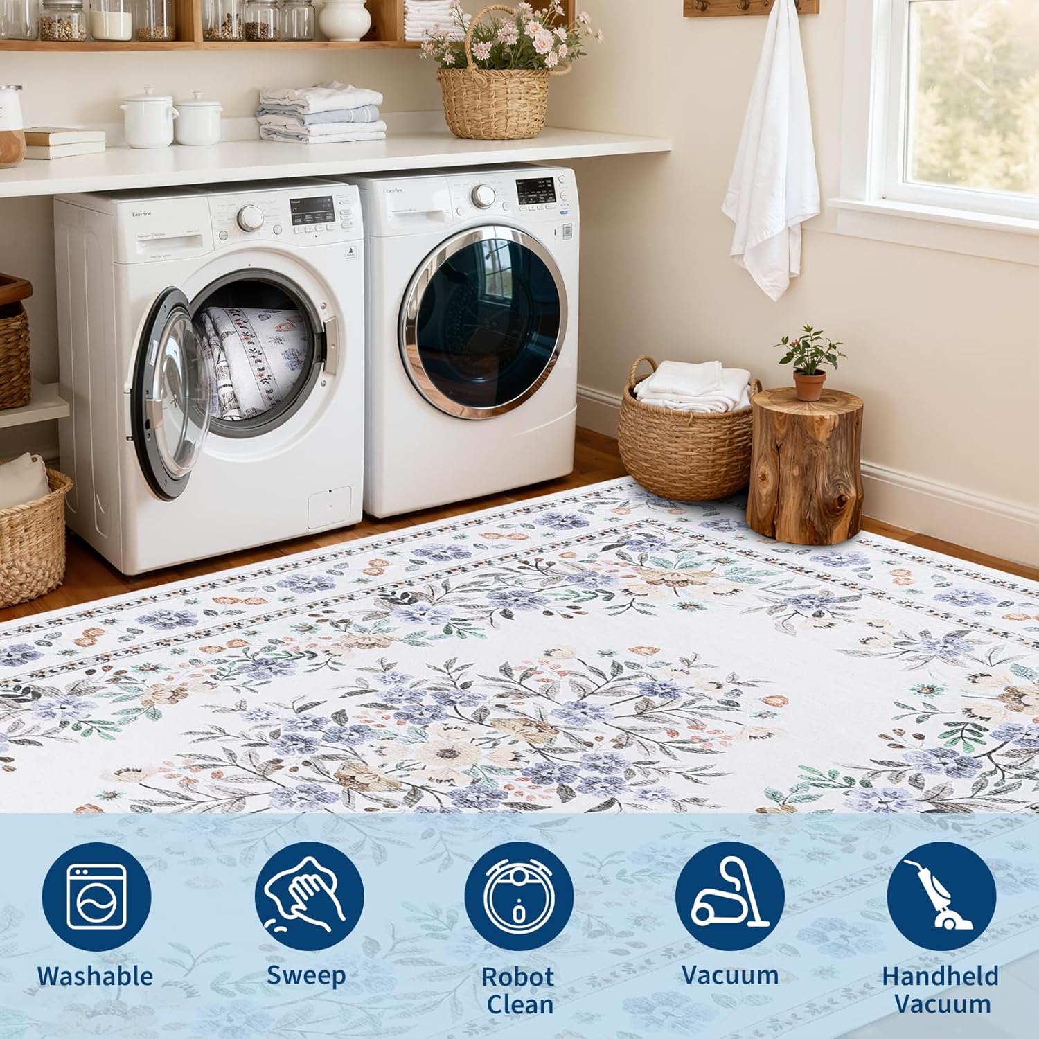 GarveeHome 5x7 Floral Rug for Nursery Room Vintage Flower Bordered Floor Carpet Boho Multi-Color Botanical Accent Mats Machine Washable Non-Slip Low Pile Area Rug for Living Room Office Playroom Beige - Image 3