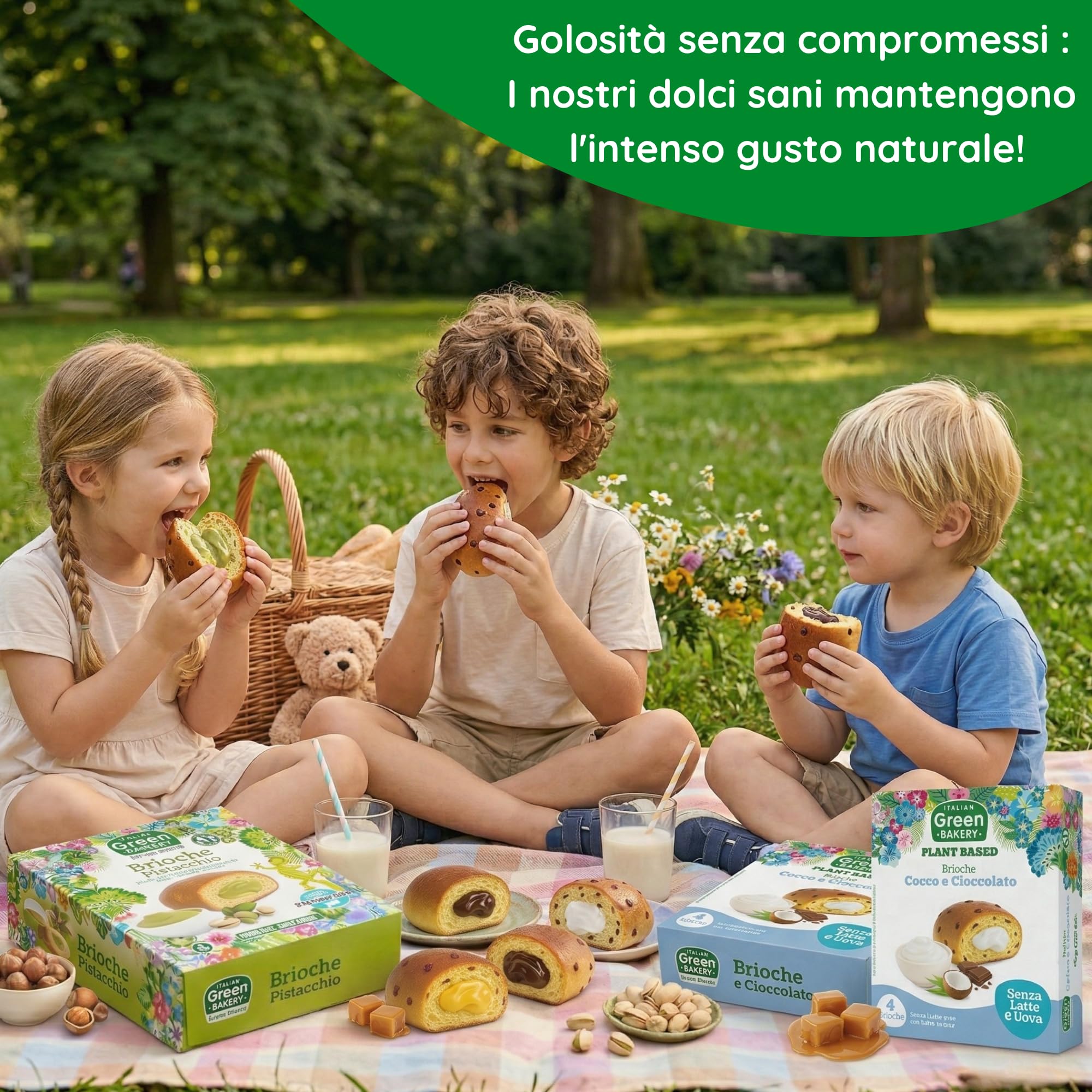 Brioche Vegane 2 Gusti con Crema al Pistacchio e Caramello Salato, Senza Lattosio, Latte e Uova, Merendine Artigianali Plant Based con Lievito Madre, 45gr x 24pz. (6 Confezioni) - Vegan With Love